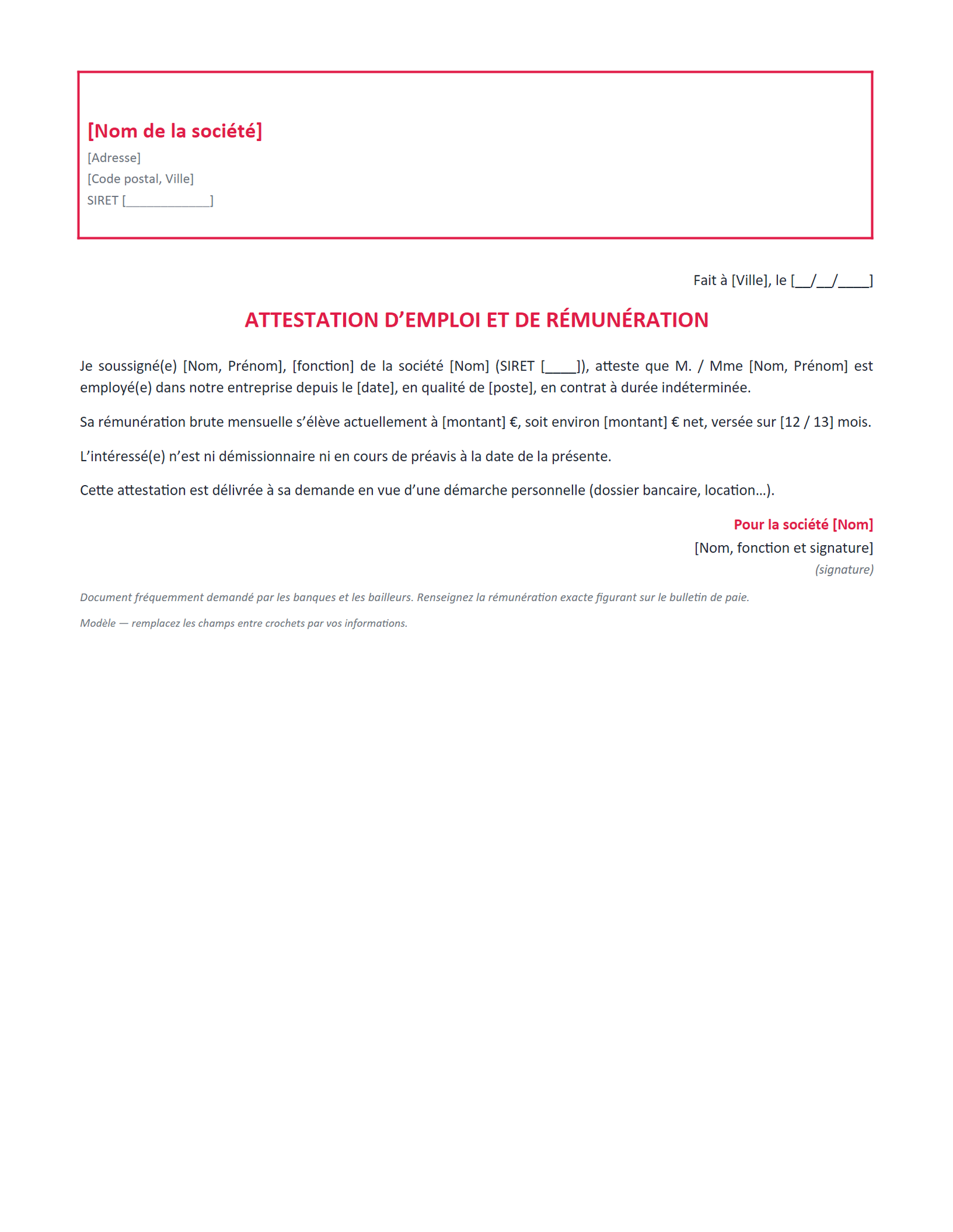 Aperçu — Attestation d’emploi avec salaire