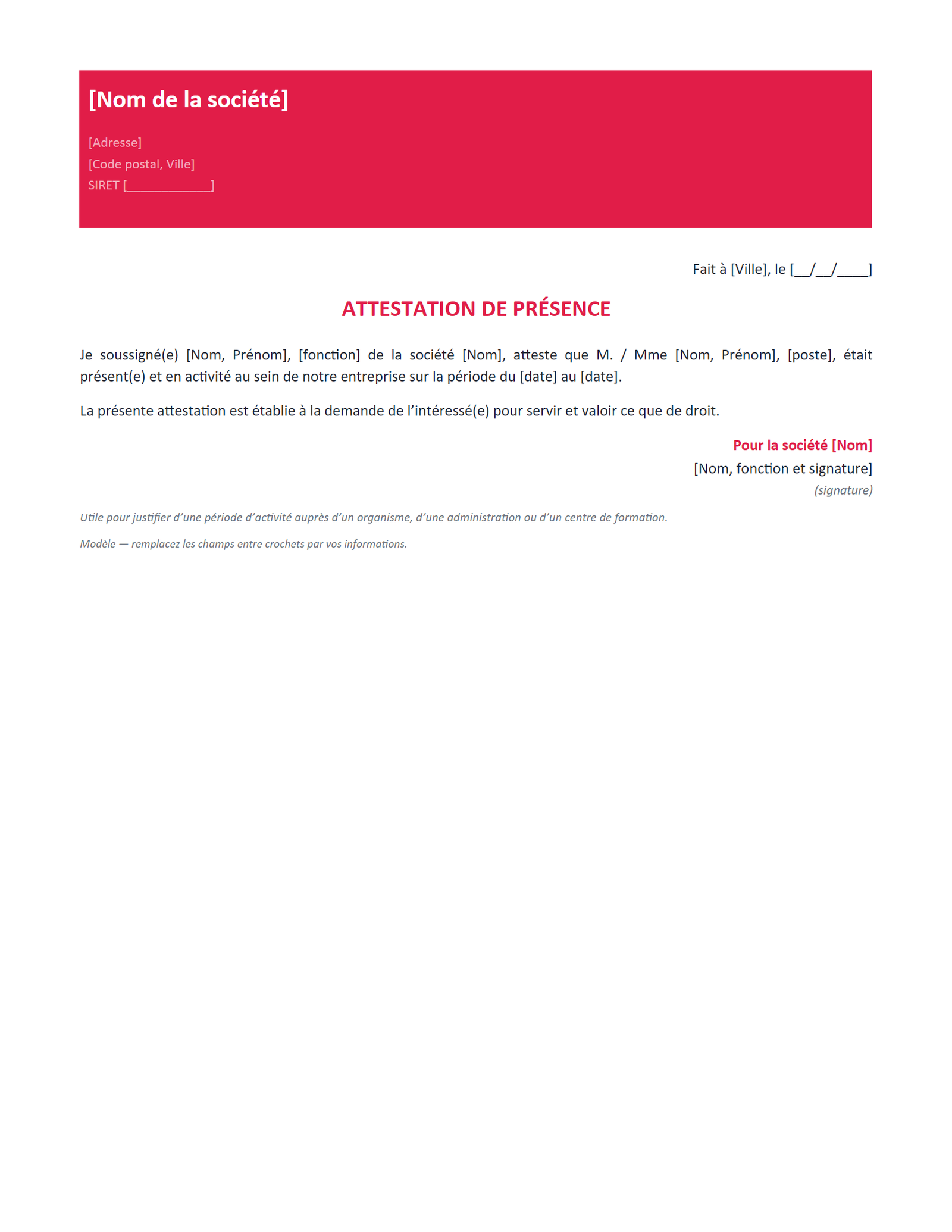 Aperçu — Attestation de présence