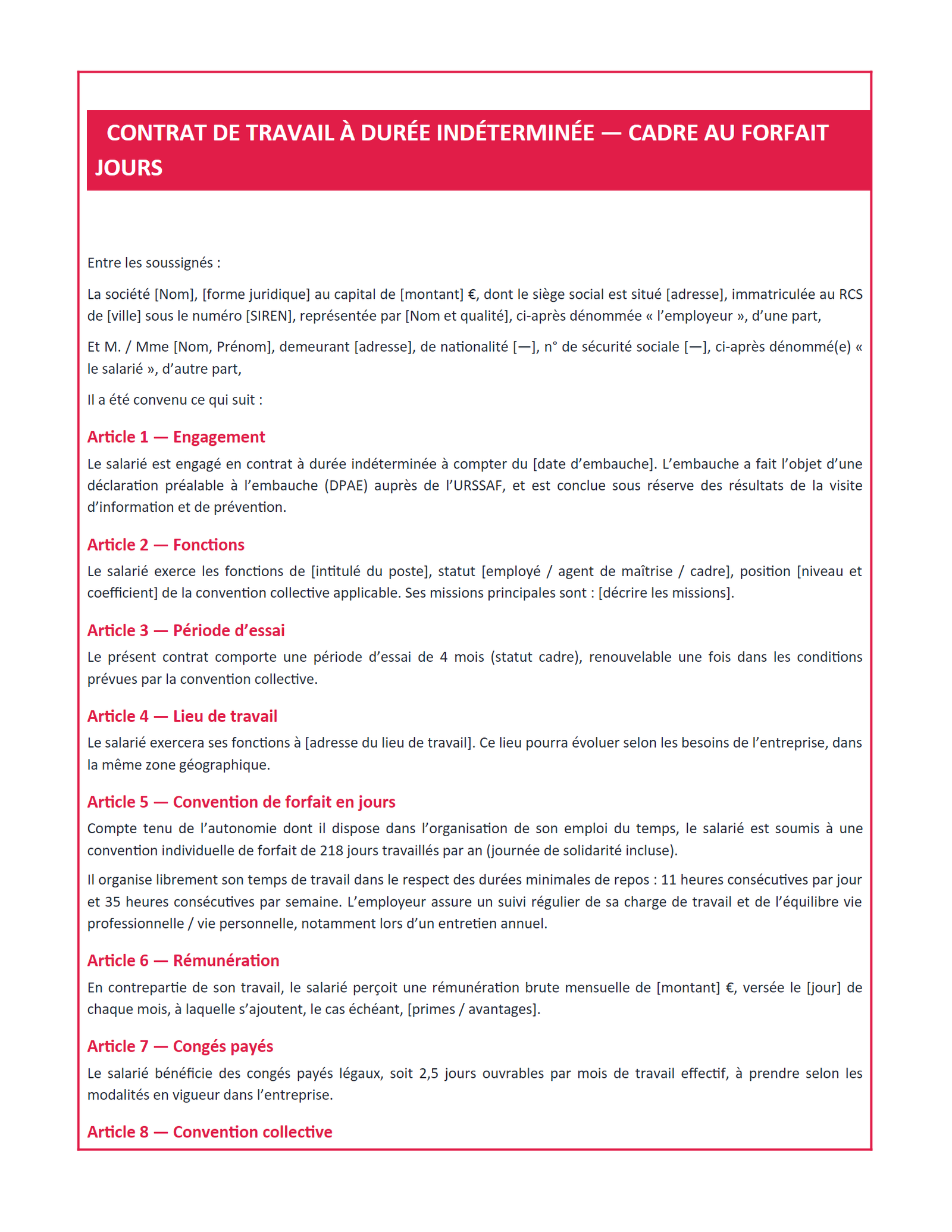 Aperçu — Contrat de travail CDI — cadre au forfait jours