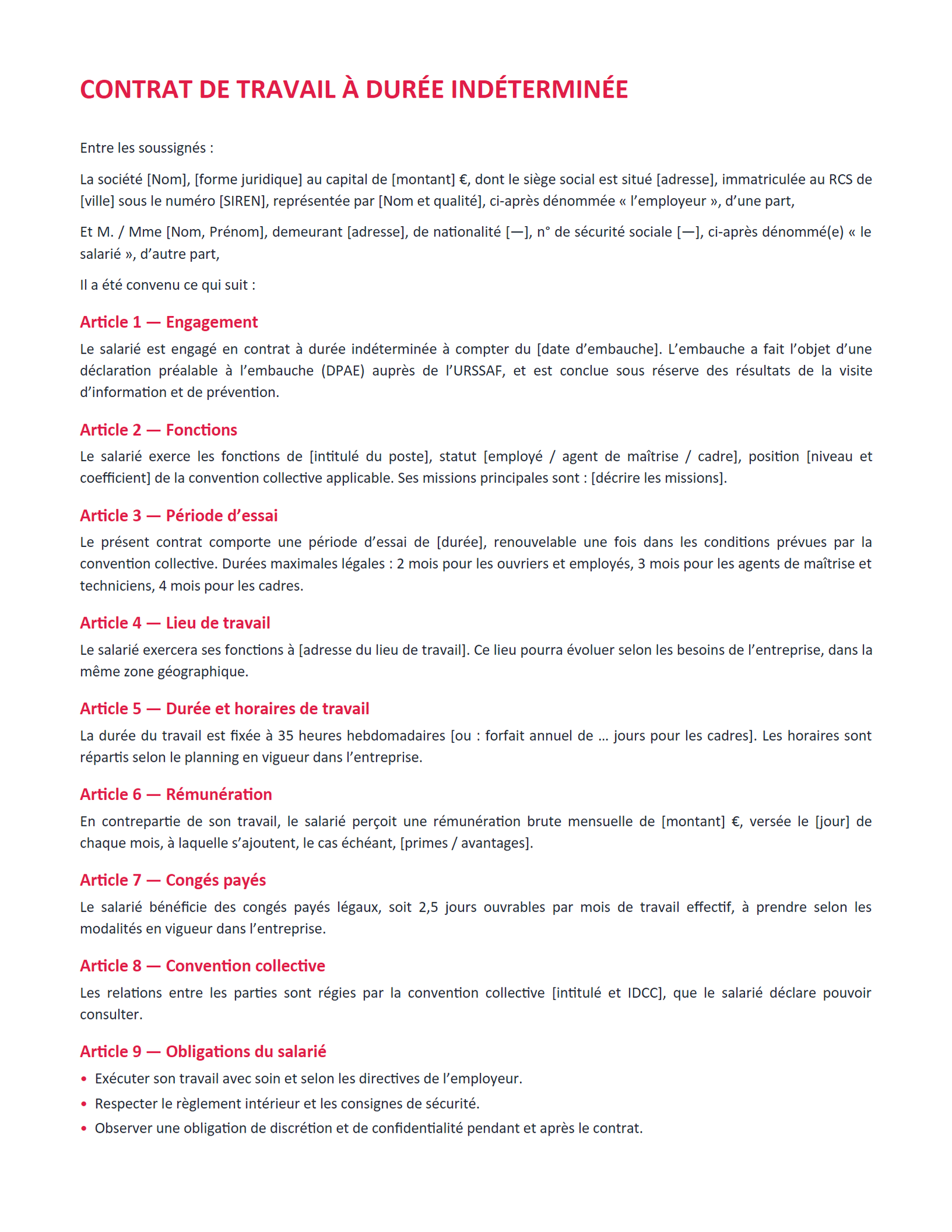 Aperçu — Contrat de travail CDI — temps plein