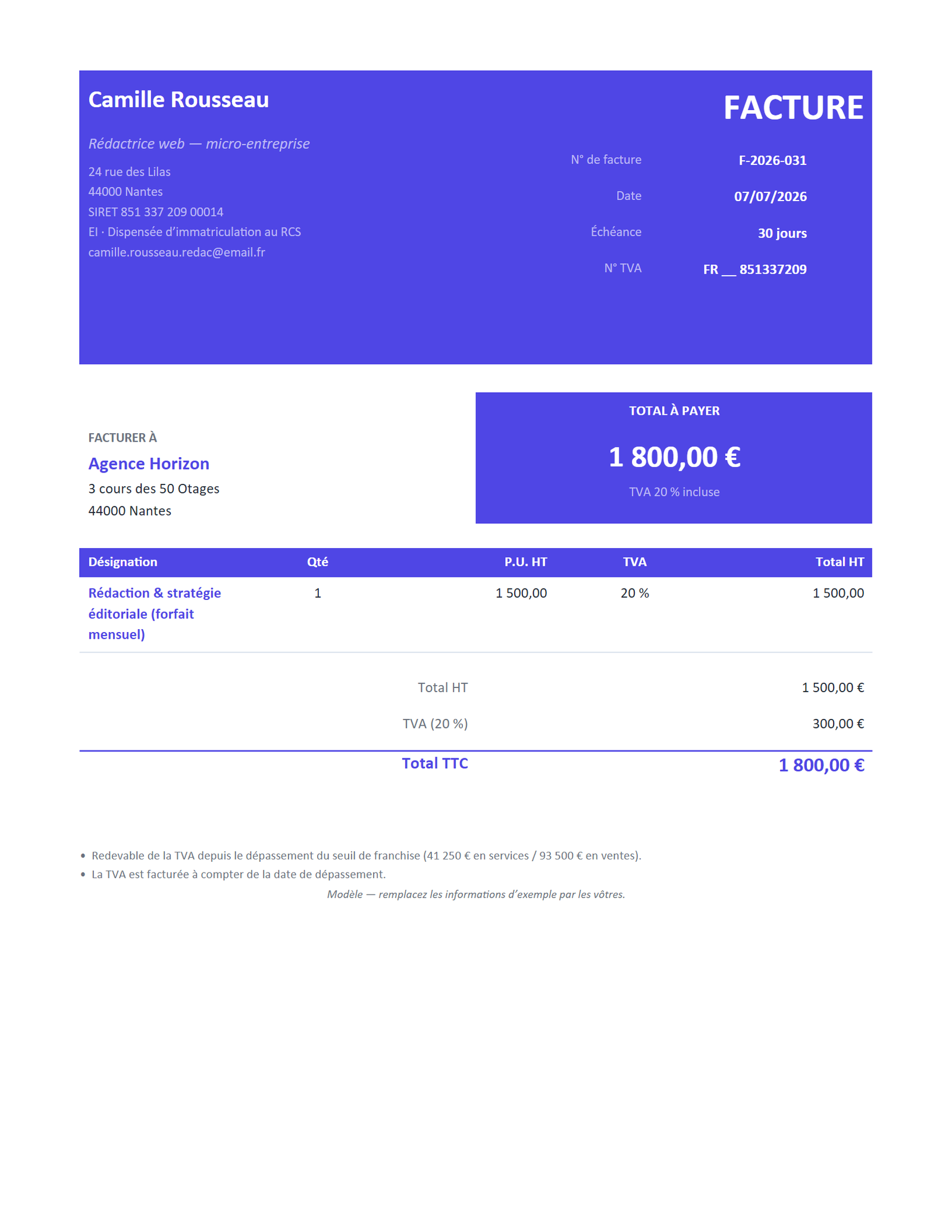 Aperçu — Facture micro — avec TVA (dépassement)