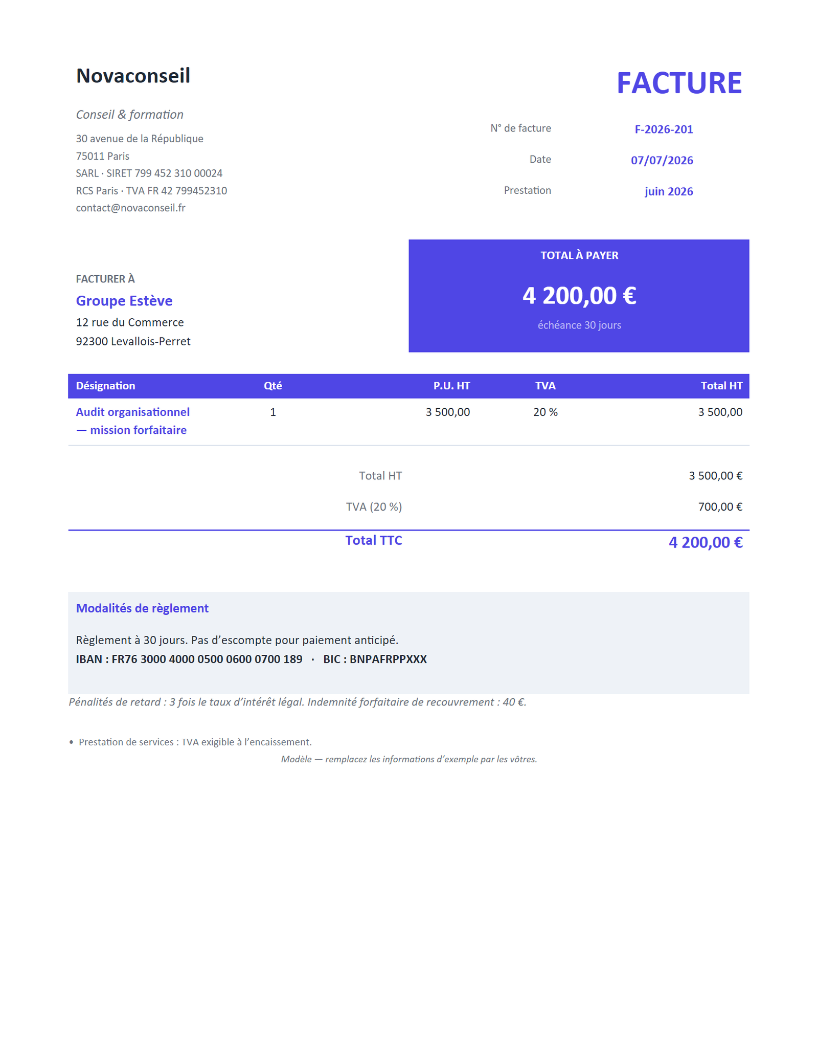 Aperçu — Facture de prestation — au forfait