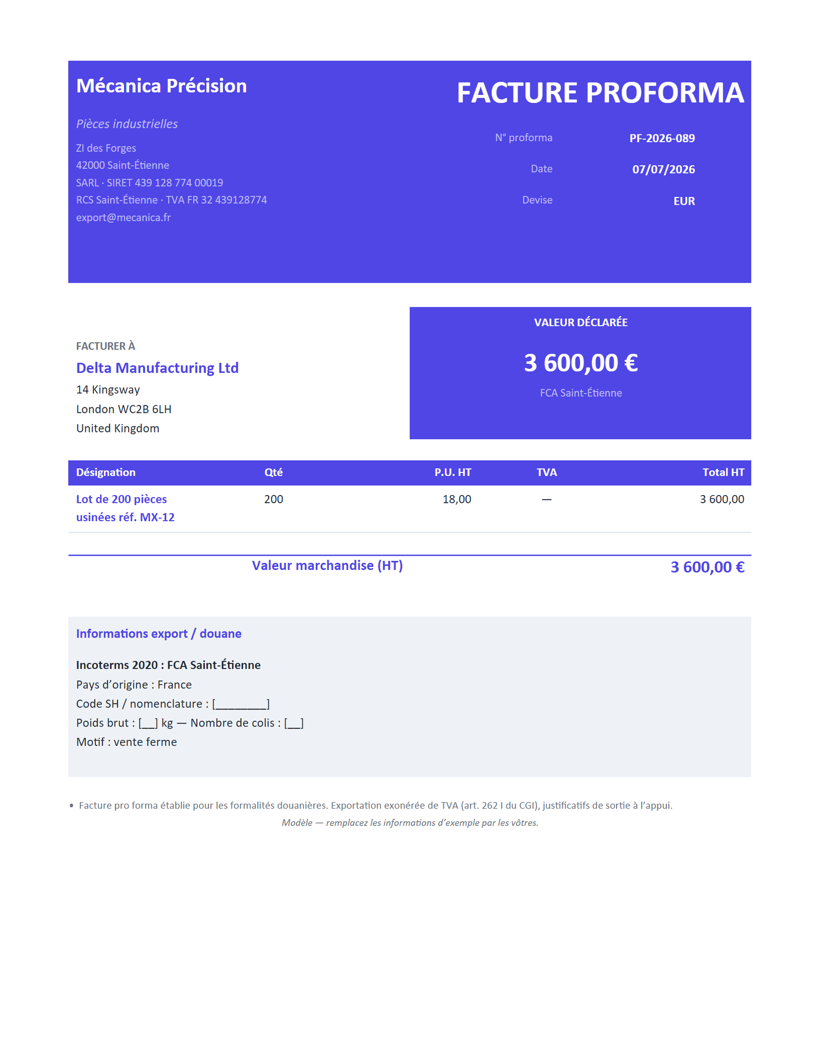 Aperçu — Facture proforma — export / douane