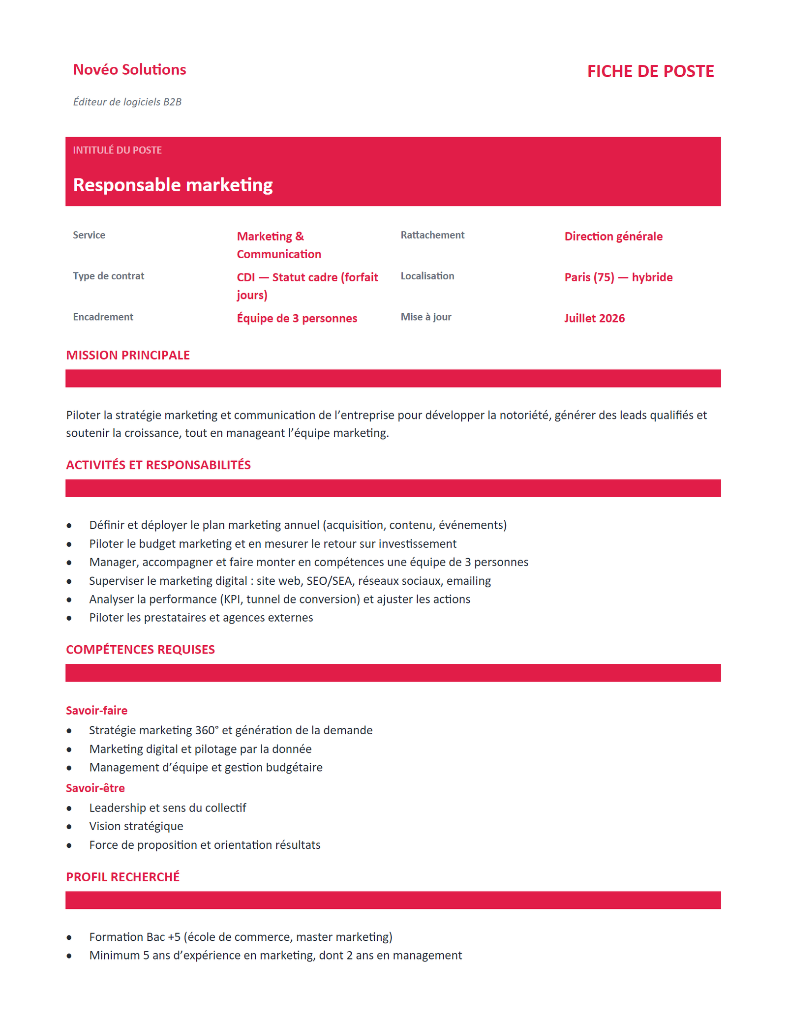 Aperçu — Fiche de poste — cadre manager
