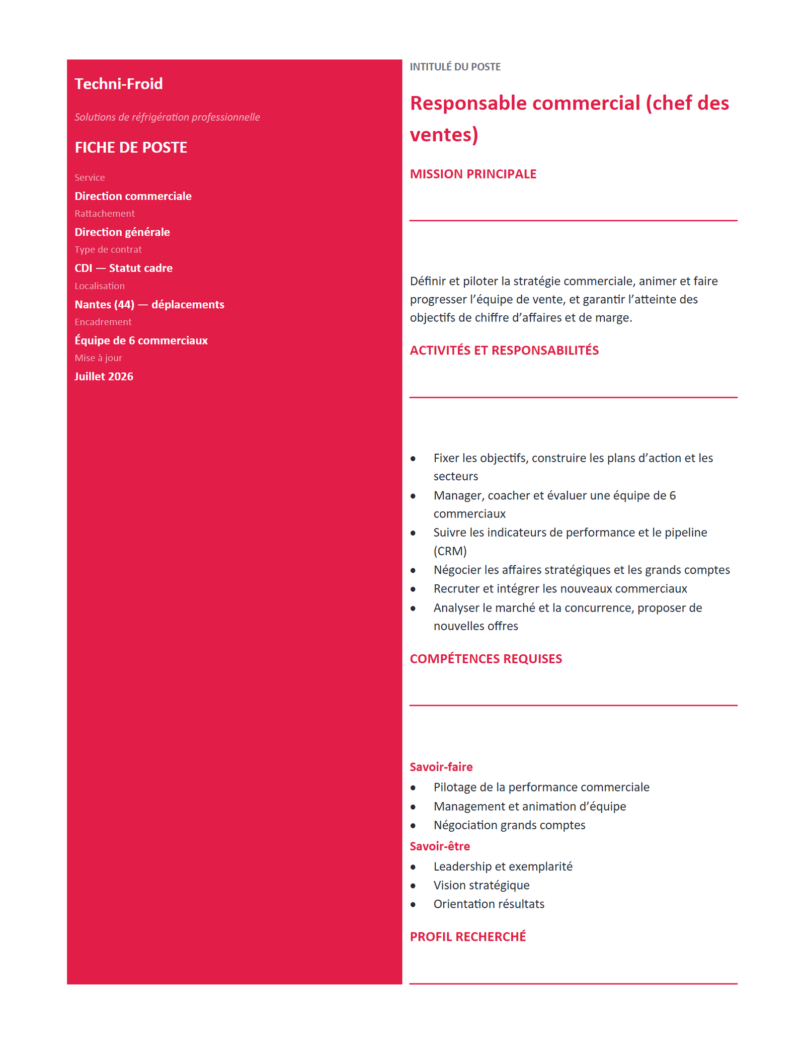 Aperçu — Fiche de poste — responsable commercial