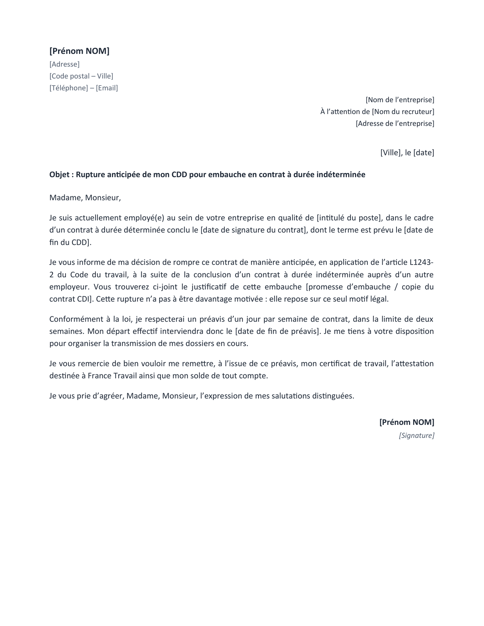 Aperçu — Lettre de rupture anticipée de CDD (Word)