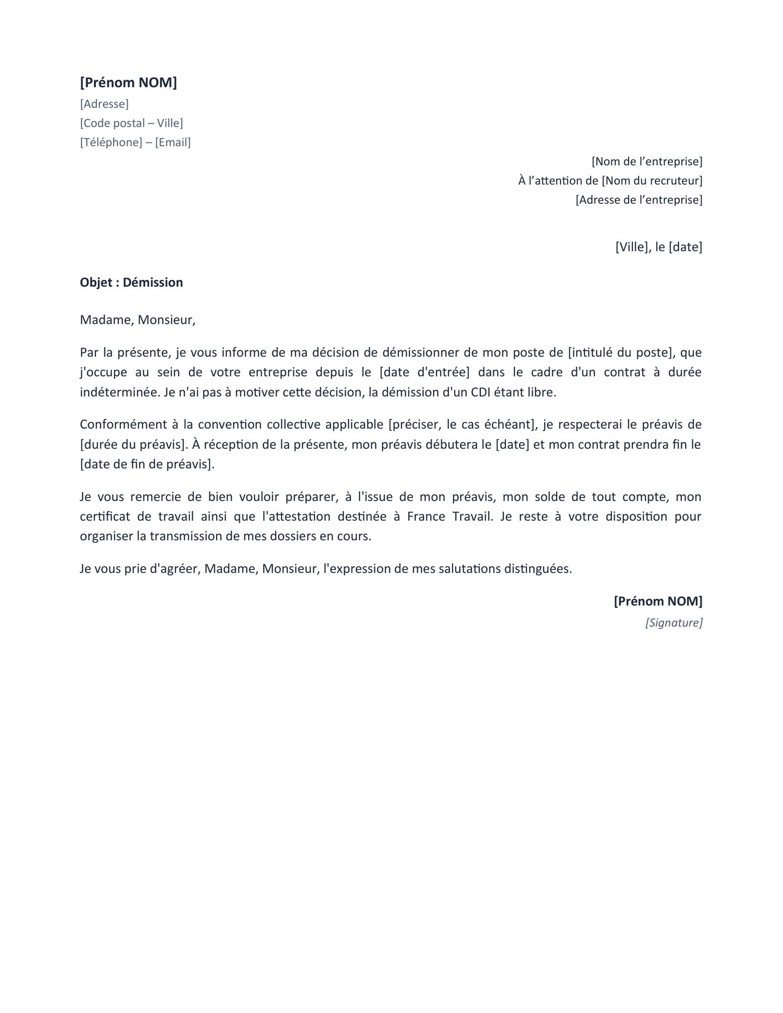 Aperçu — Lettre de démission CDI (Word)