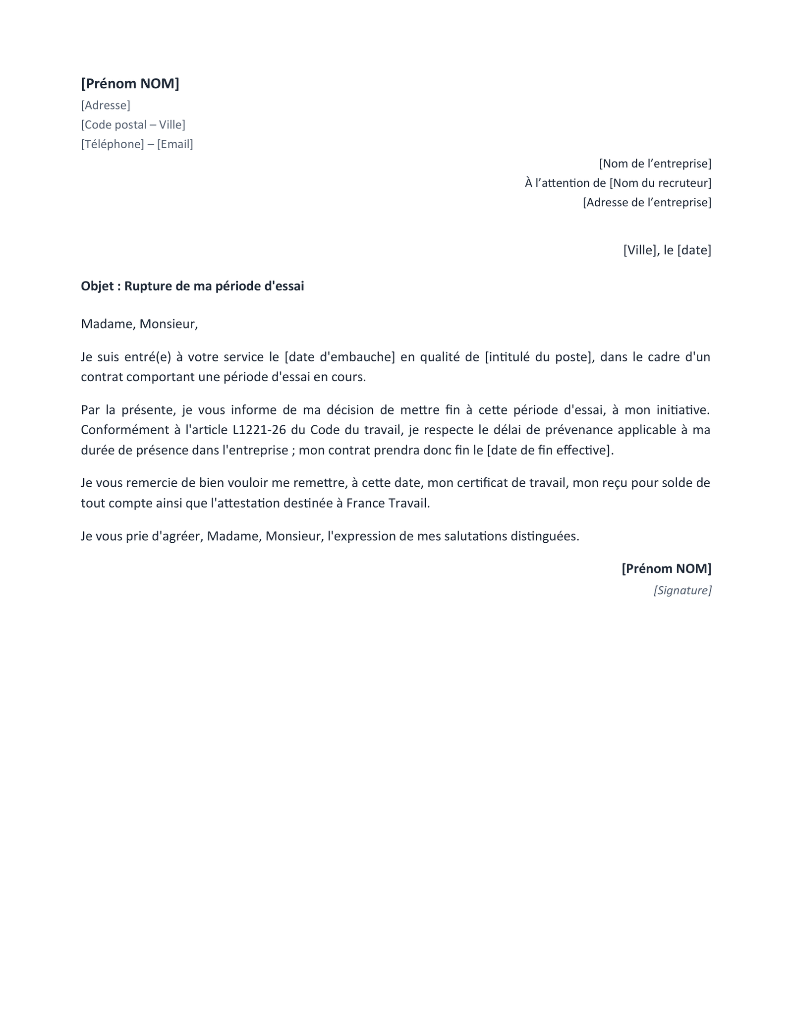 Aperçu — Rupture de période d’essai (Word)