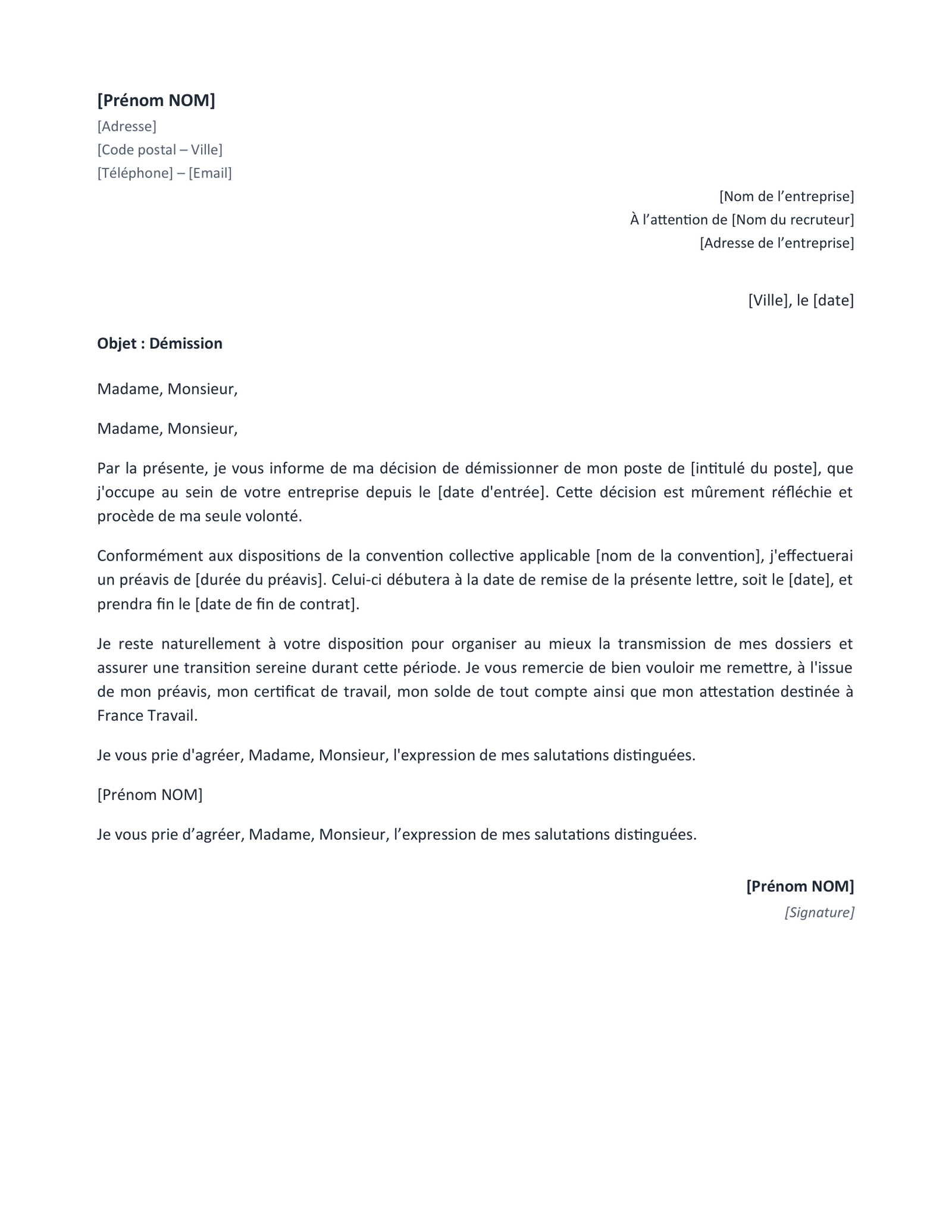 Aperçu — Démission remise en main propre (Word)