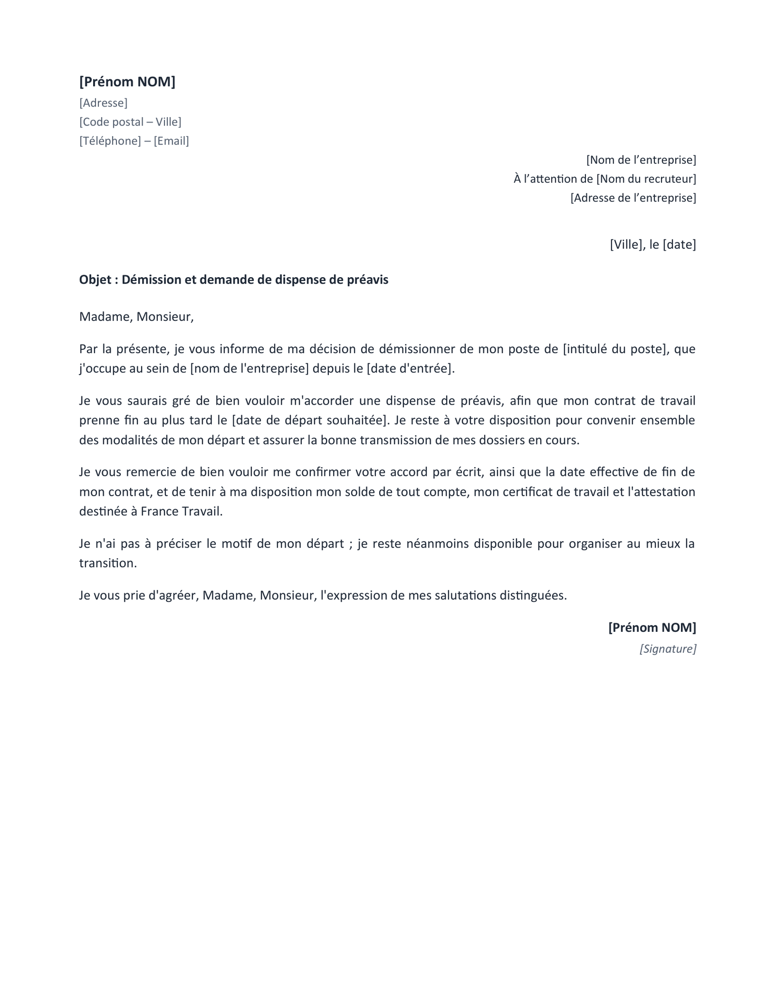 Aperçu — Lettre de démission sans préavis (Word)