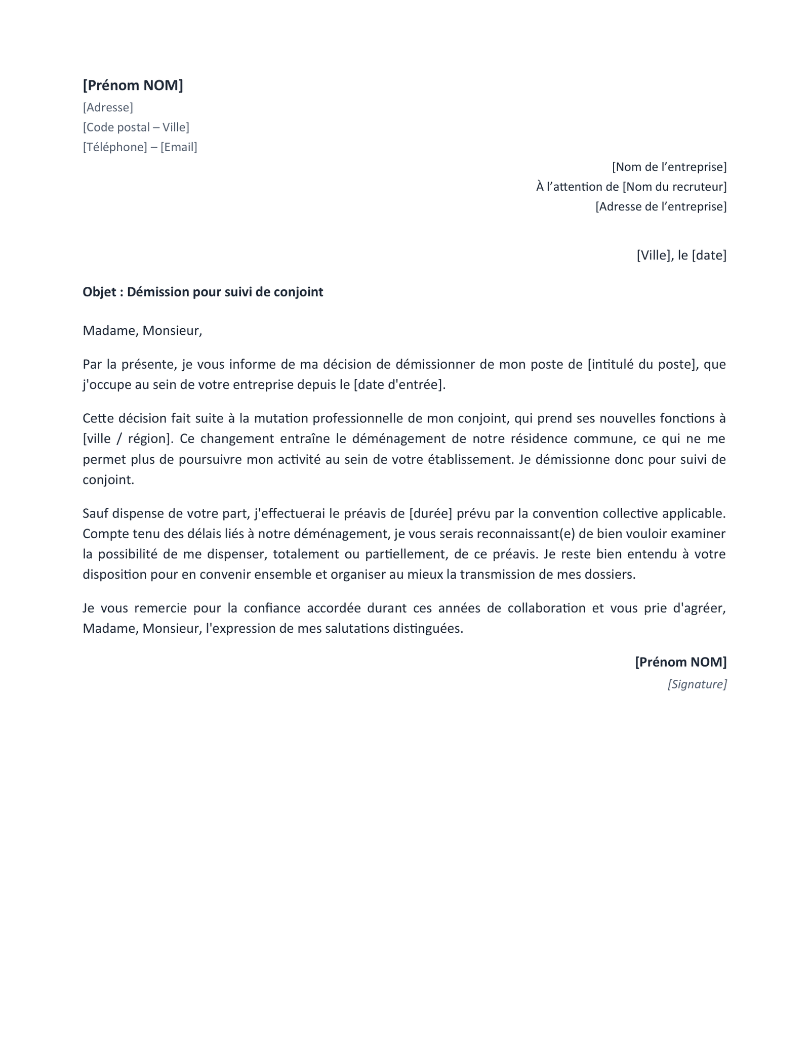 Aperçu — Démission pour suivi de conjoint (Word)