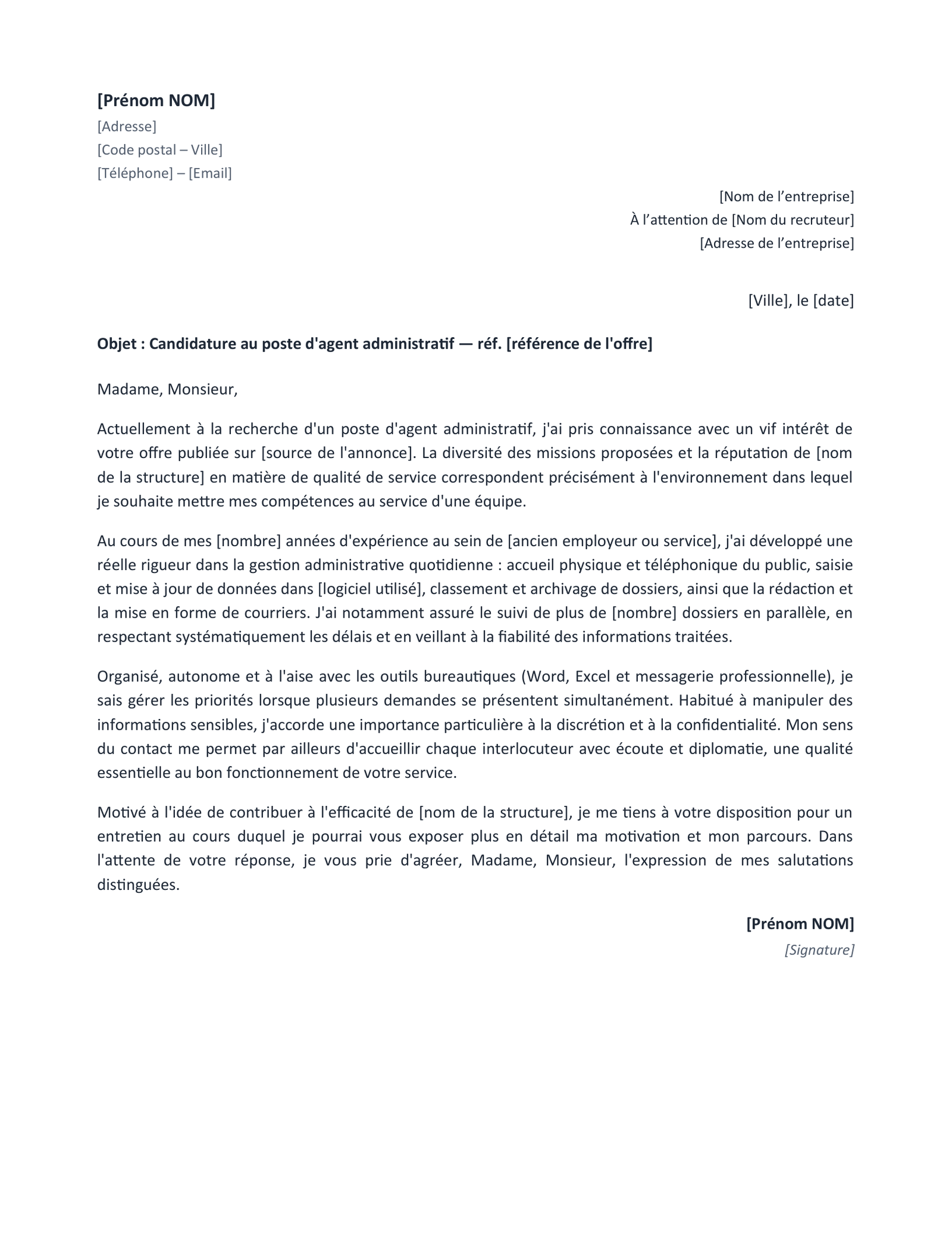 Aperçu — Lettre de motivation agent administratif (Word)