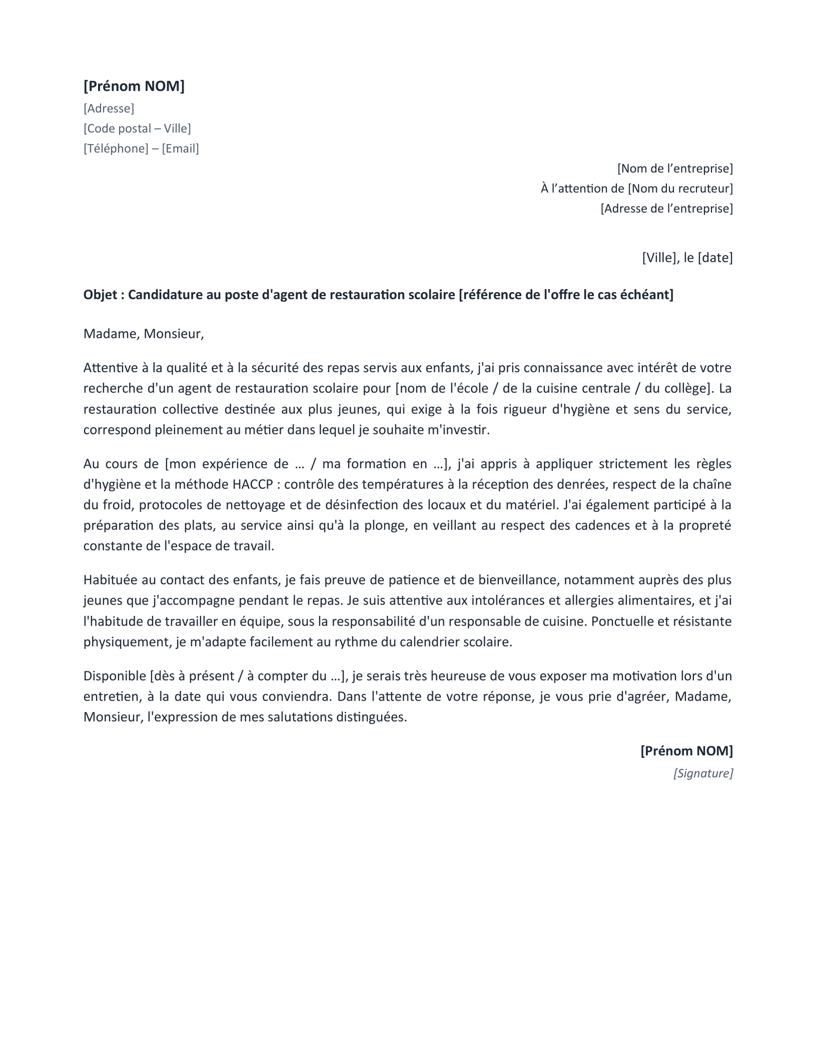 Aperçu — Lettre agent de restauration scolaire (Word)