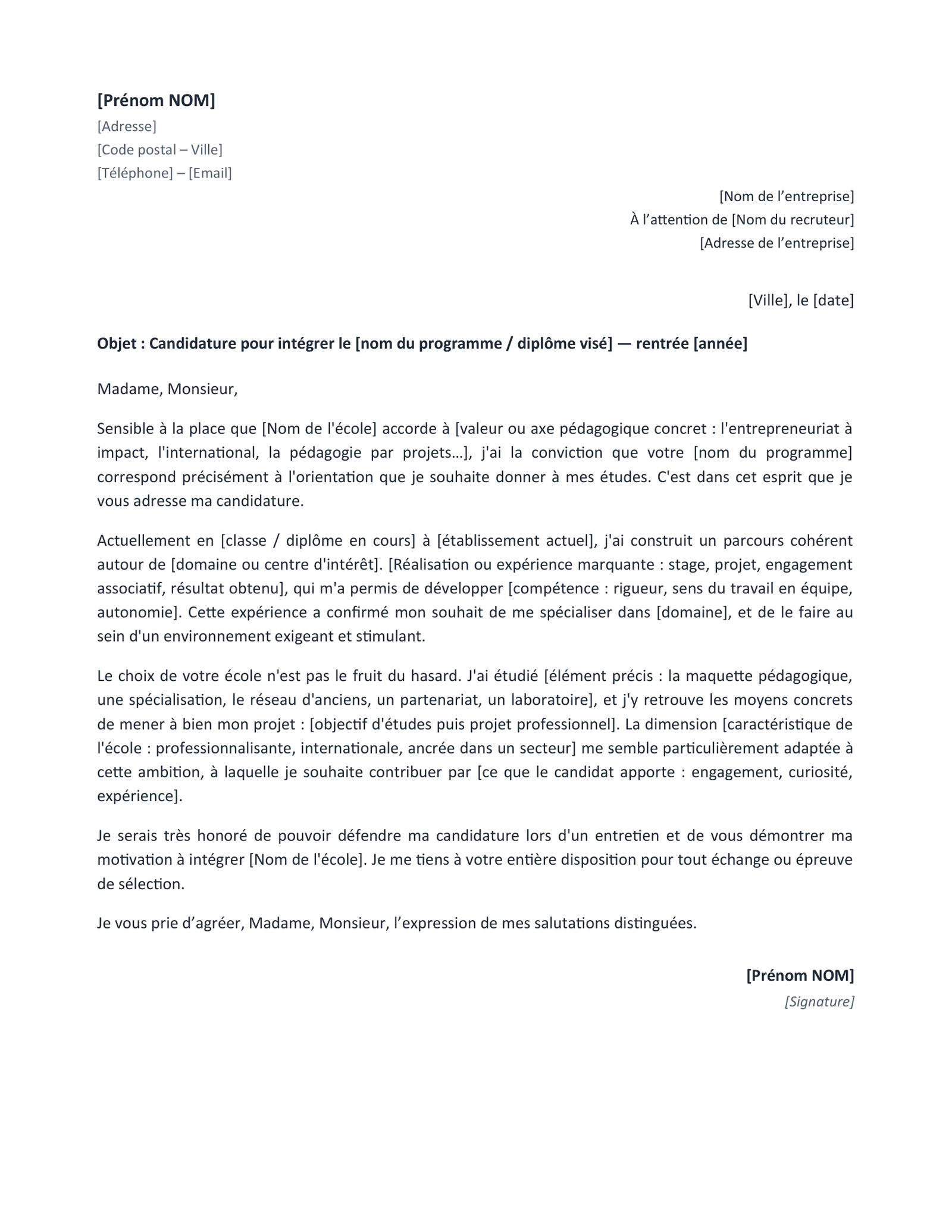 Aperçu — Lettre de motivation pour une école (Word)