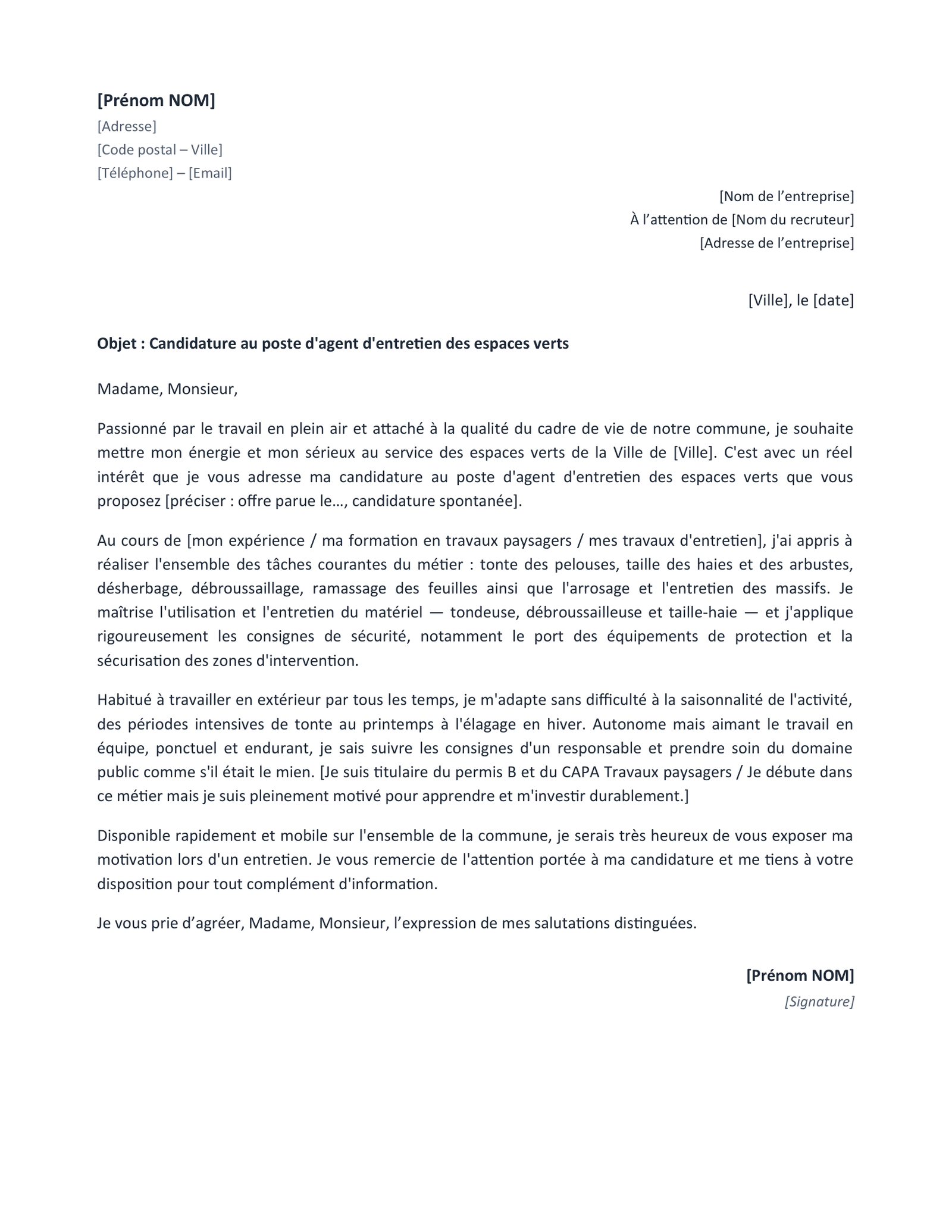 Aperçu — Lettre de motivation espace vert (Word)