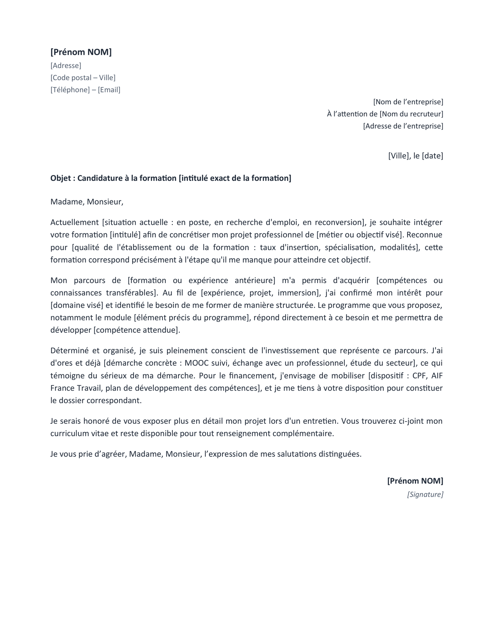 Aperçu — Lettre de motivation pour une formation (Word)