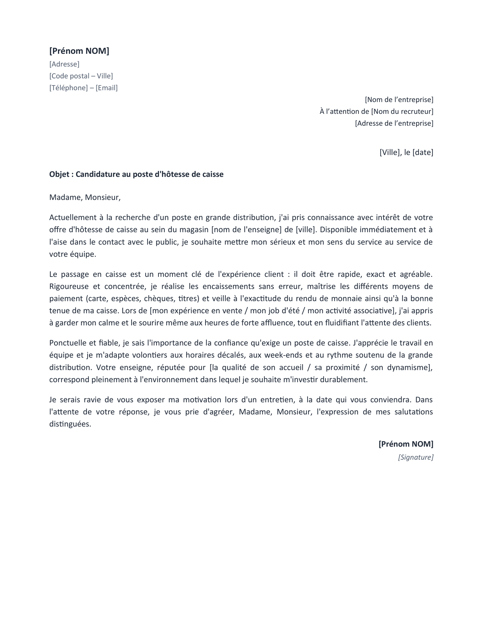 Aperçu — Lettre de motivation hôtesse de caisse (Word)