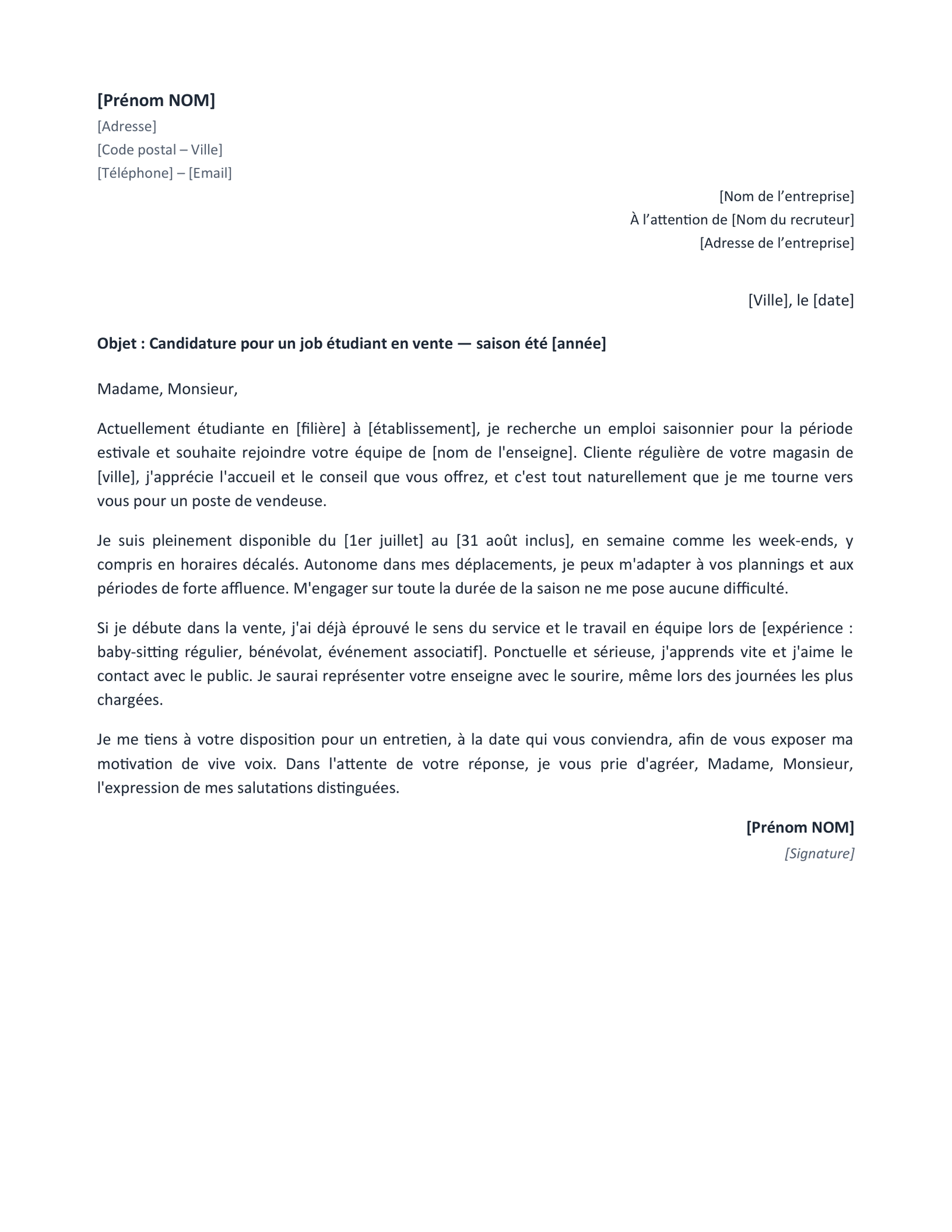 Aperçu — Lettre de motivation job étudiant (Word)