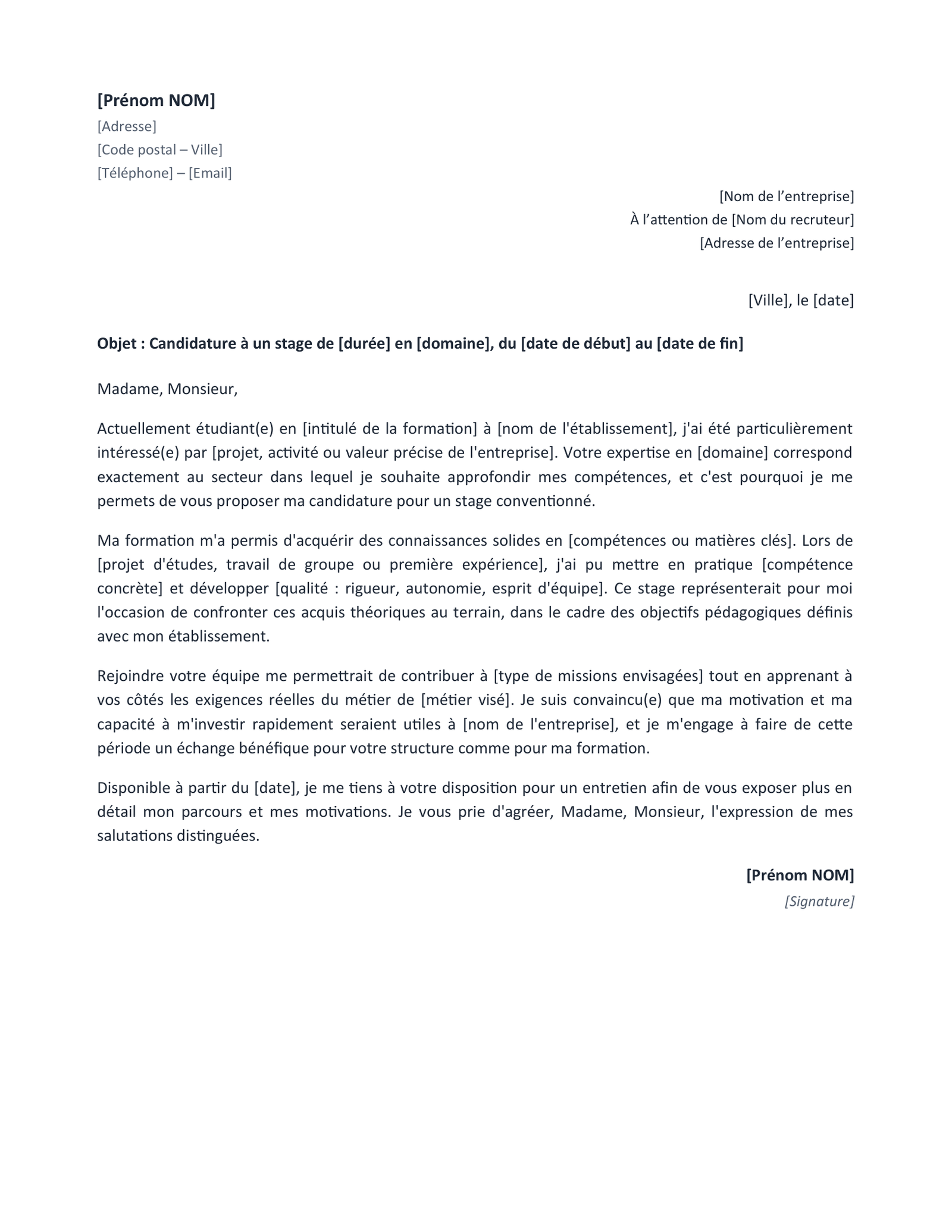 Aperçu — Lettre de motivation de stage (Word)
