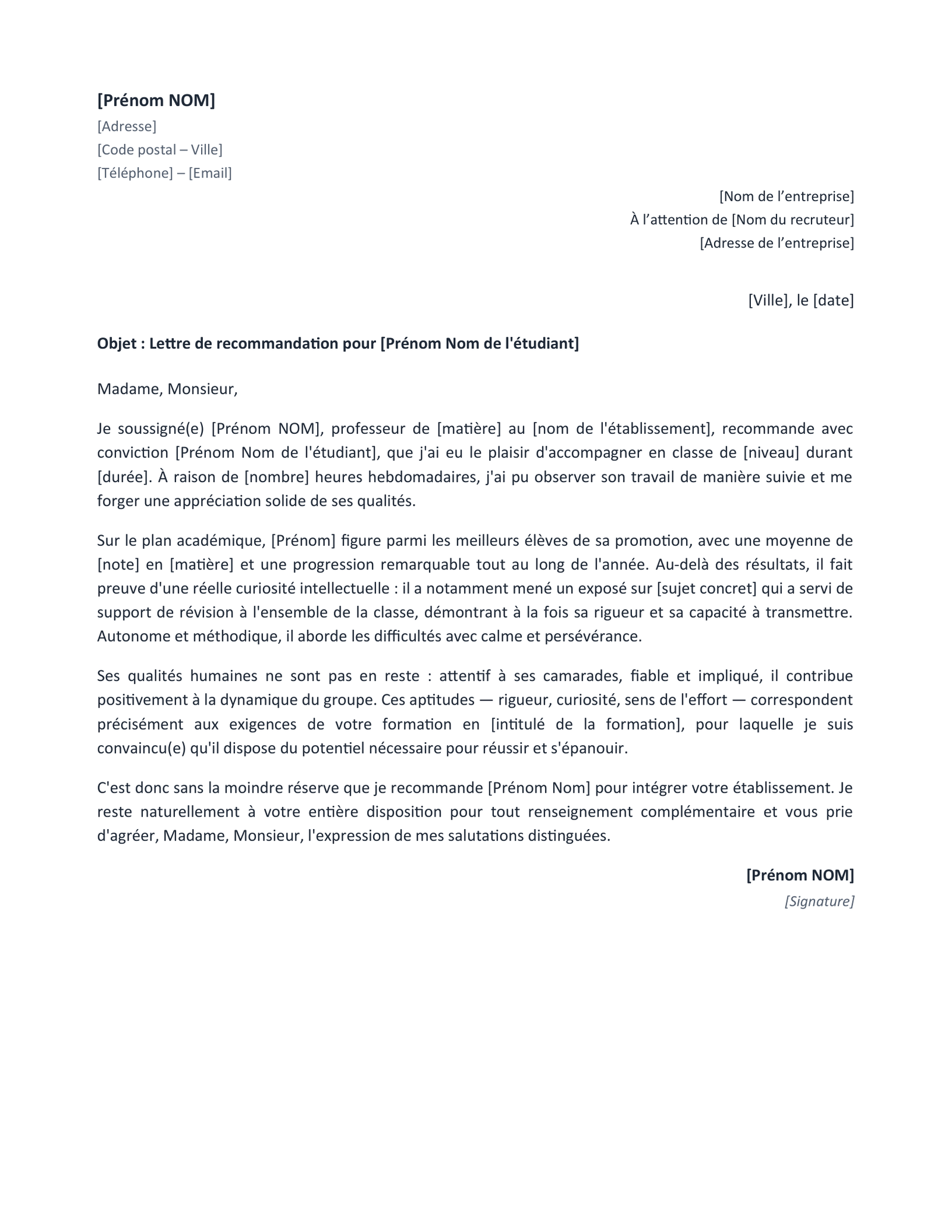 Aperçu — Recommandation d’un étudiant (Word)