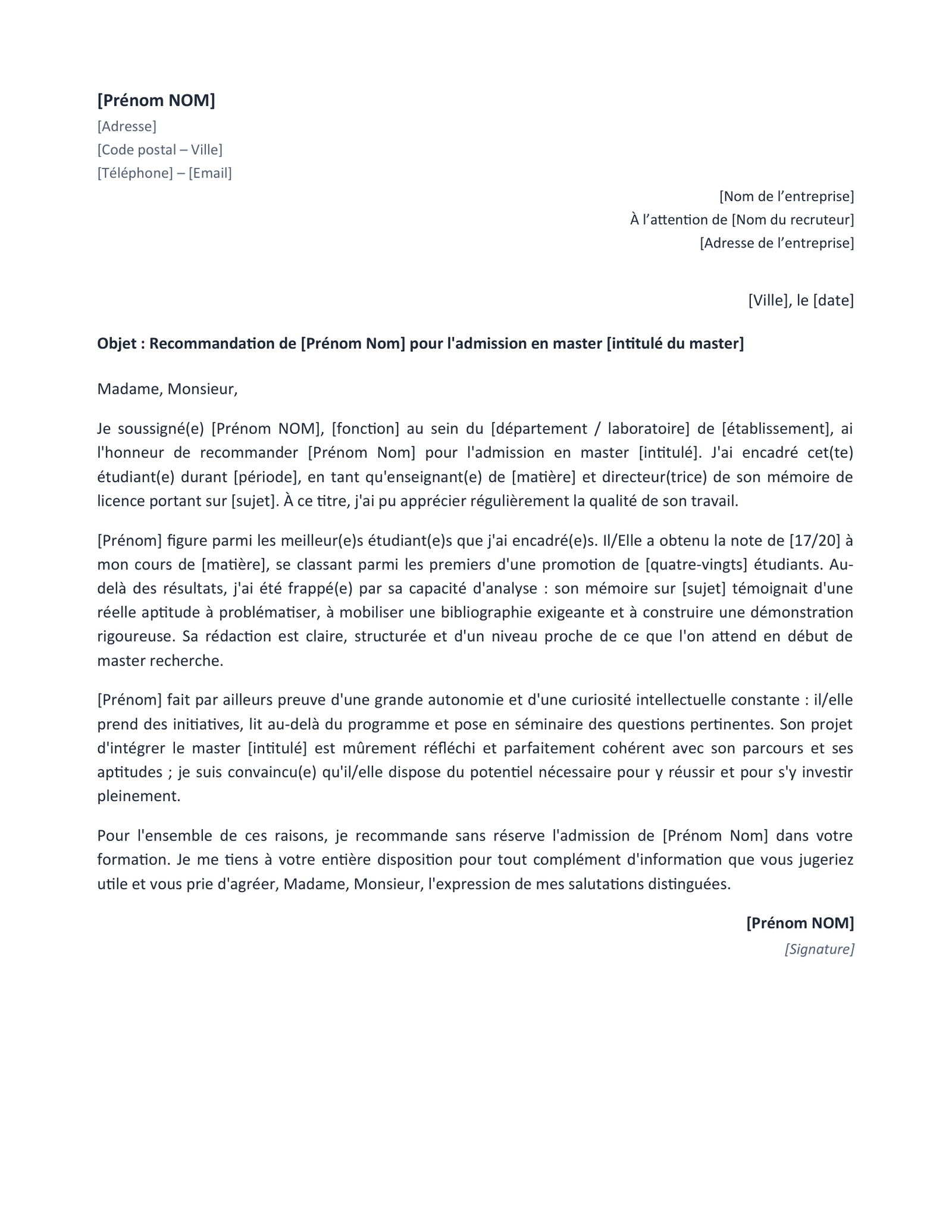 Aperçu — Recommandation pour un master (Word)