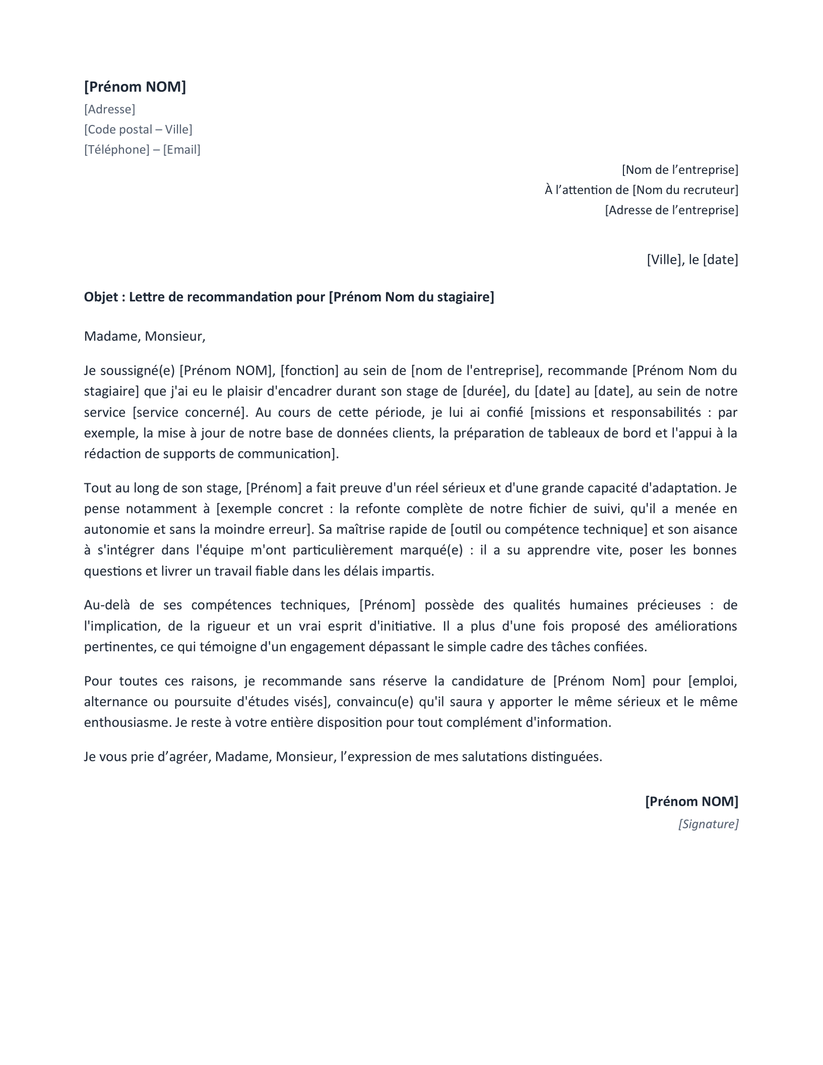 Aperçu — Recommandation d’un stagiaire (Word)