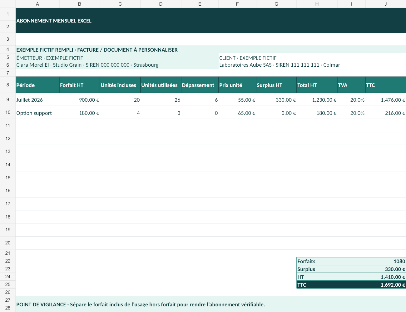 Aperçu — Abonnement mensuel Excel