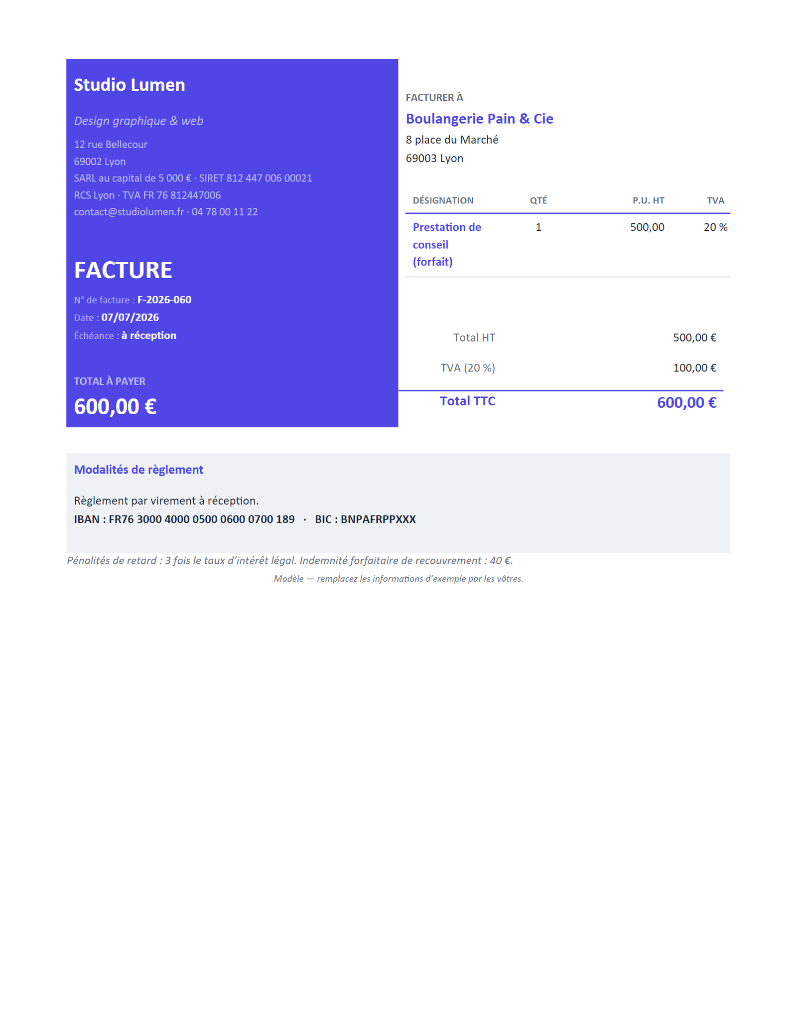Aperçu — Facture simple (une prestation)