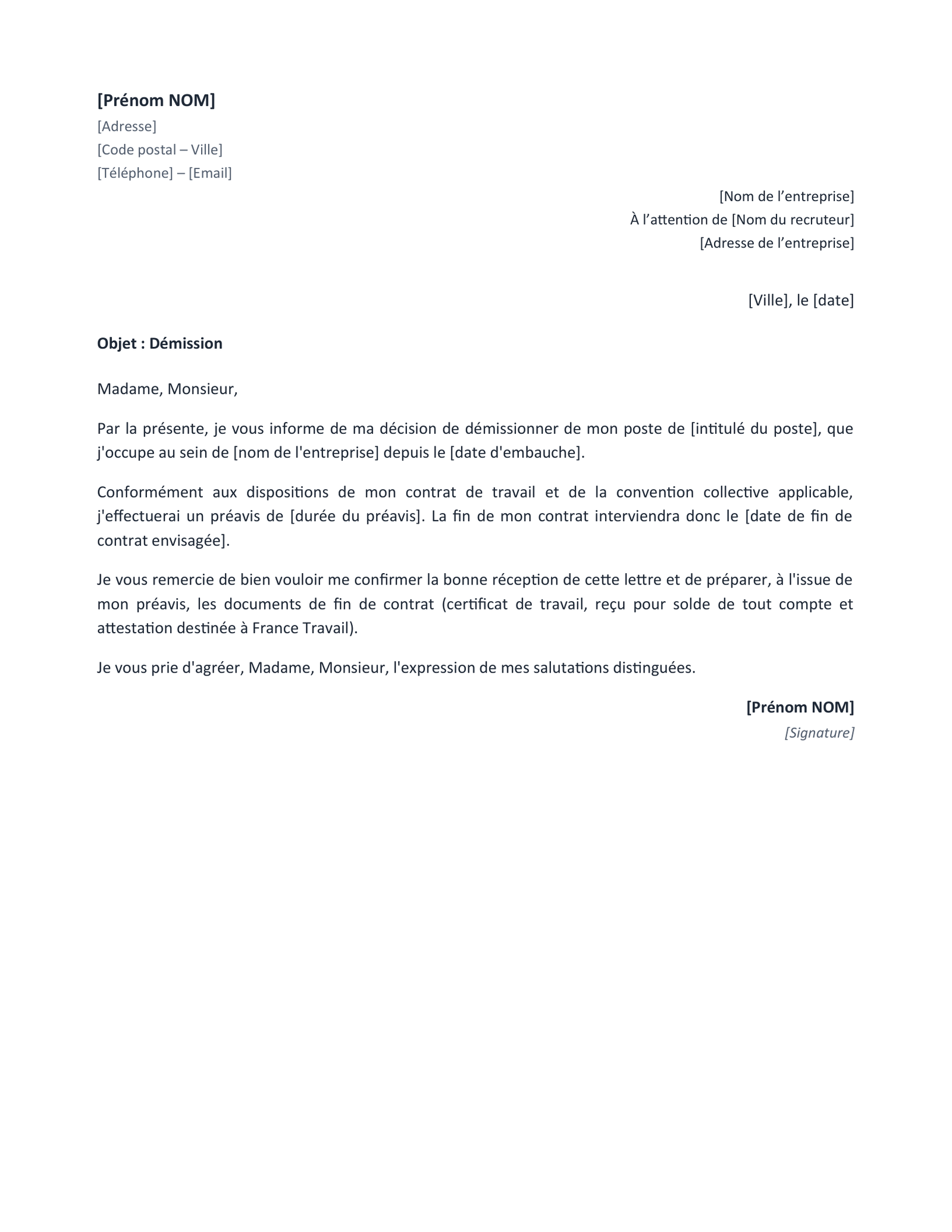 Aperçu — Modèle de lettre de démission (Word)