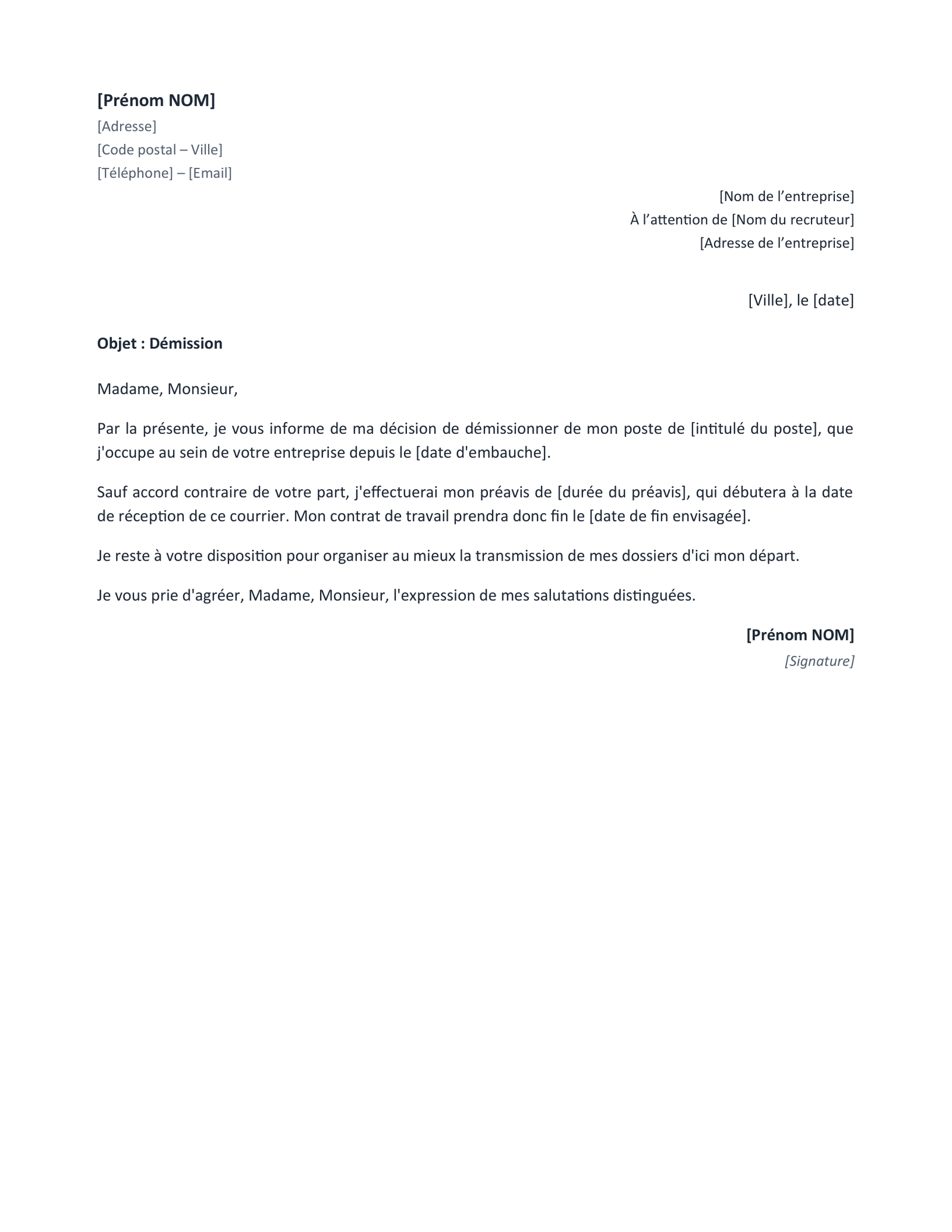 Aperçu — Modèle de démission simple (Word)