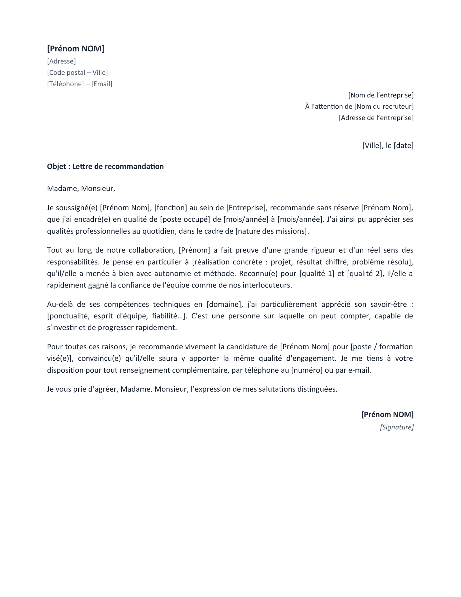 Aperçu — Modèle de lettre de recommandation (Word)