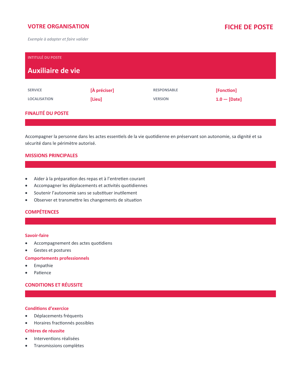 Aperçu — Fiche de poste Auxiliaire de vie — version Classique