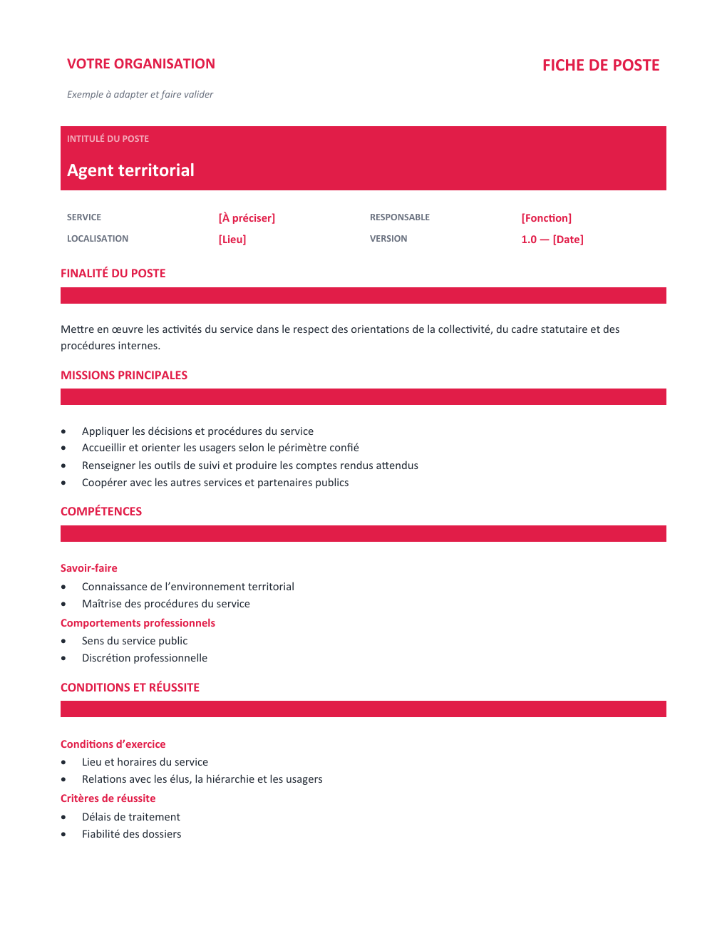Aperçu — Fiche de poste Agent territorial — version Classique