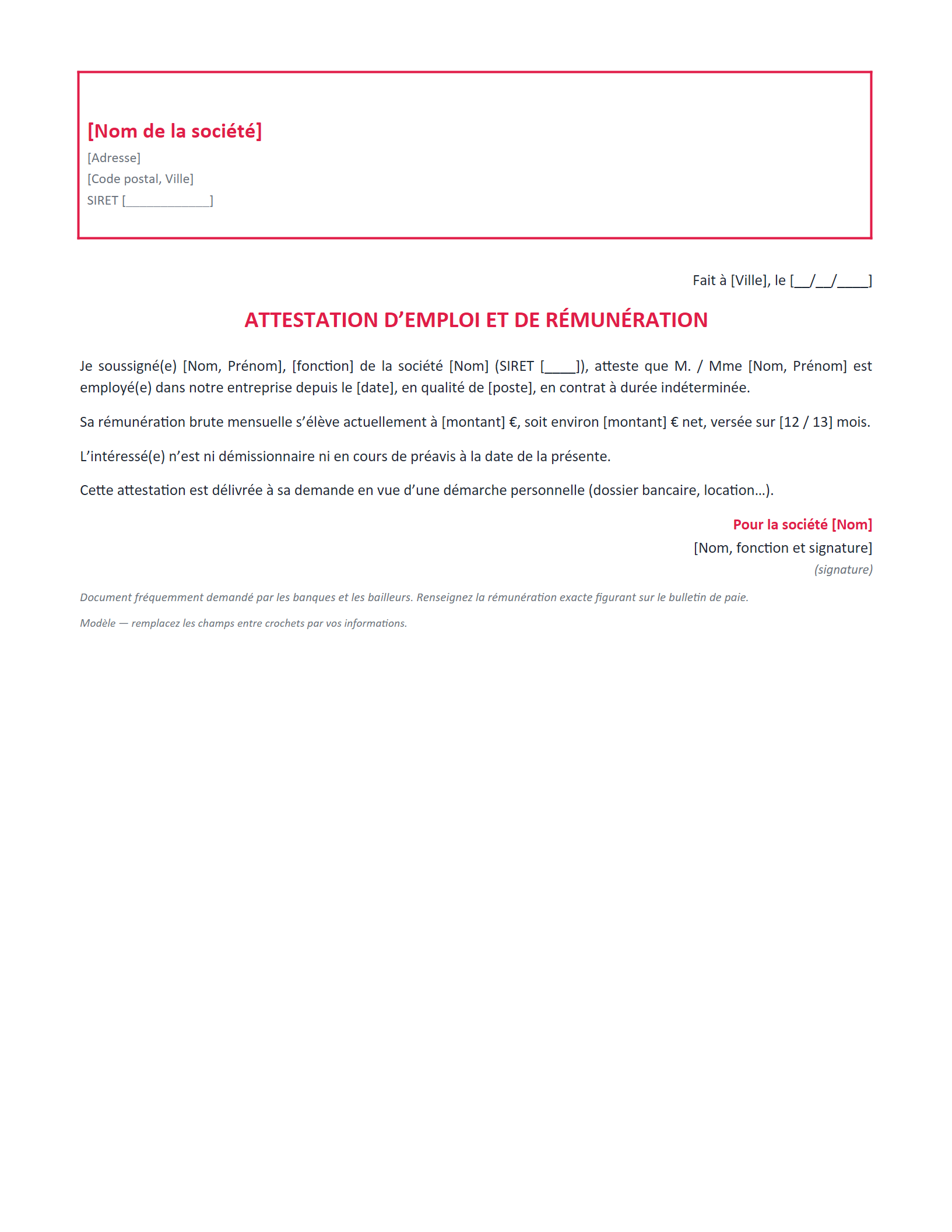 Aperçu — Attestation d’emploi avec salaire