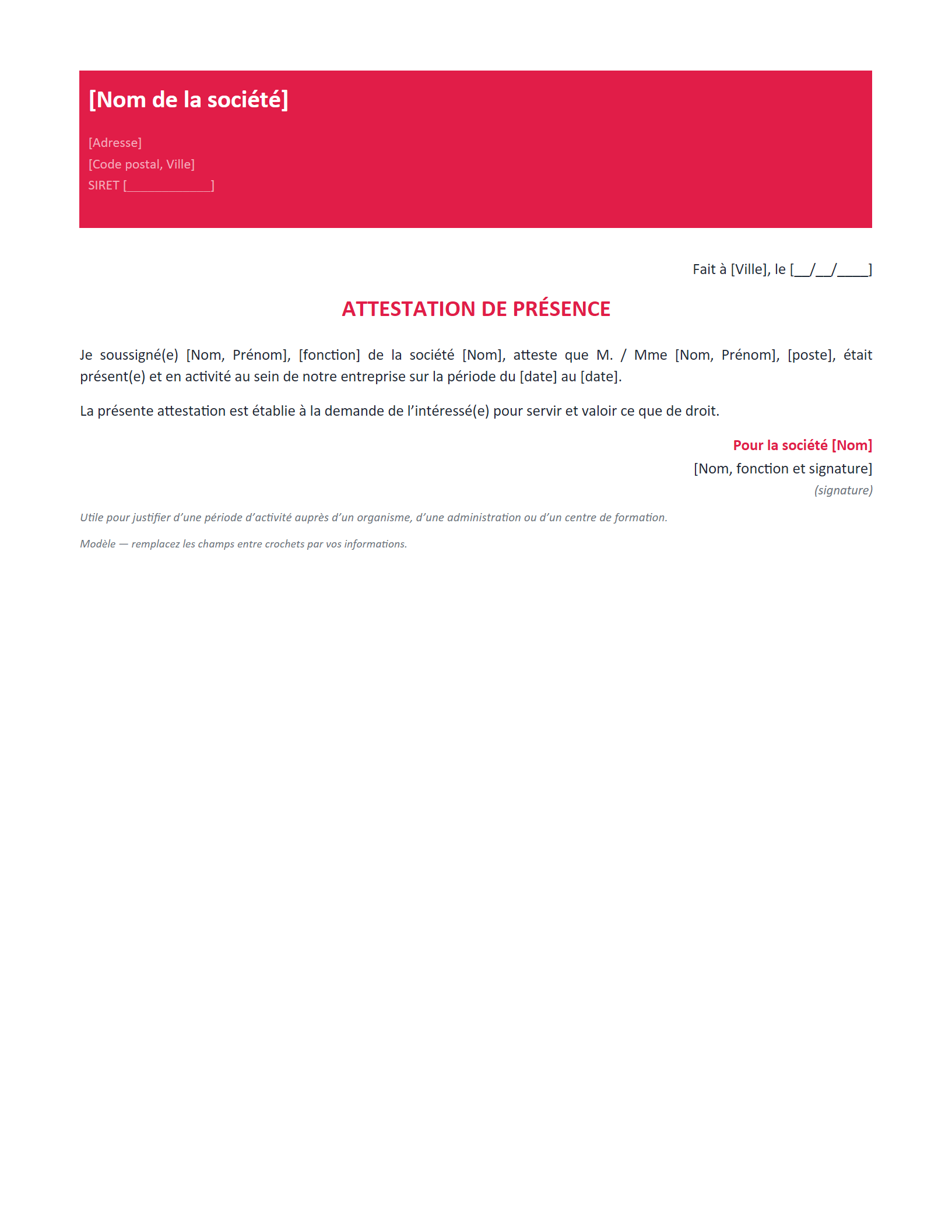 Aperçu — Attestation de présence