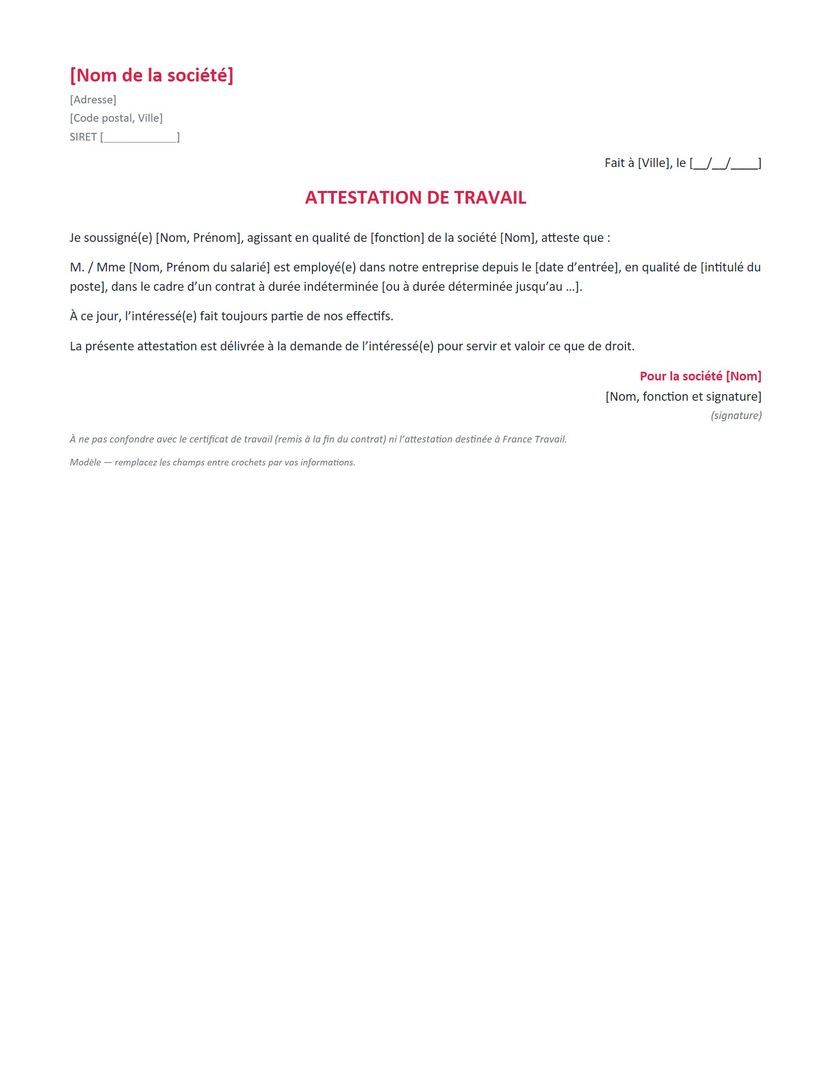 Aperçu — Attestation de travail — standard