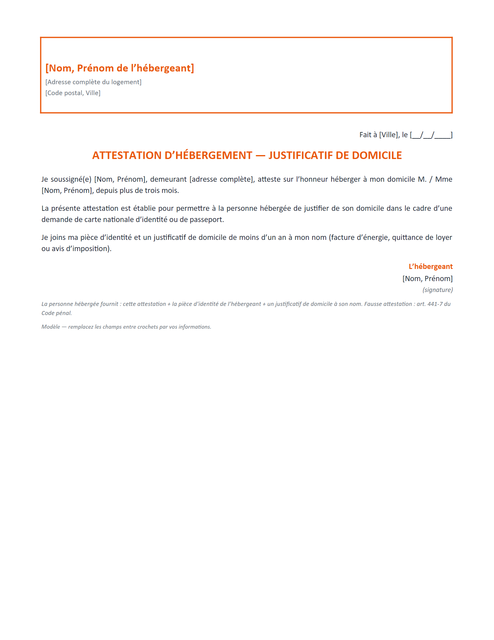 Aperçu — Attestation d’hébergement — CNI / passeport