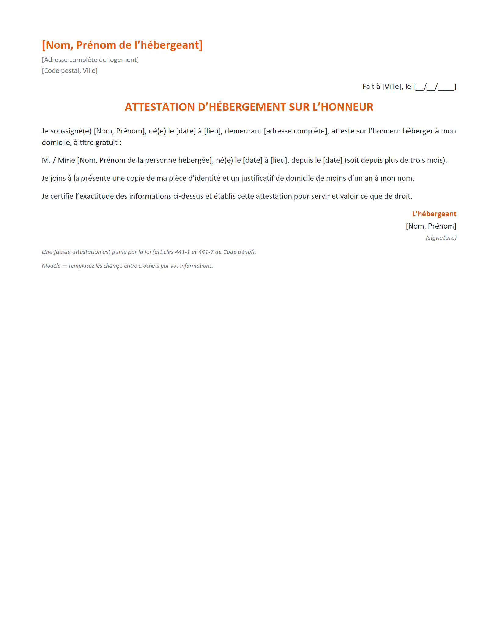 Aperçu — Attestation d’hébergement — standard
