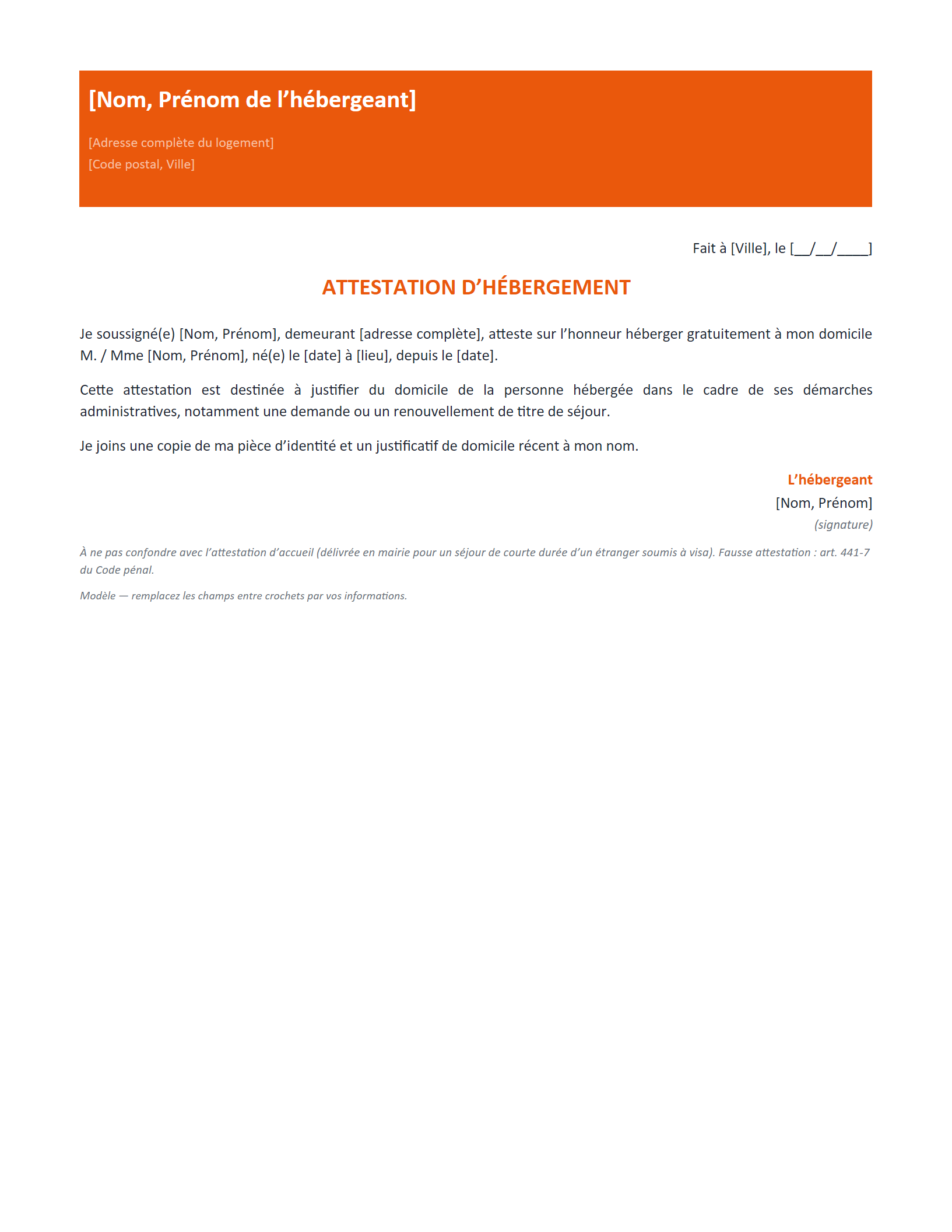 Aperçu — Attestation d’hébergement — démarche de séjour