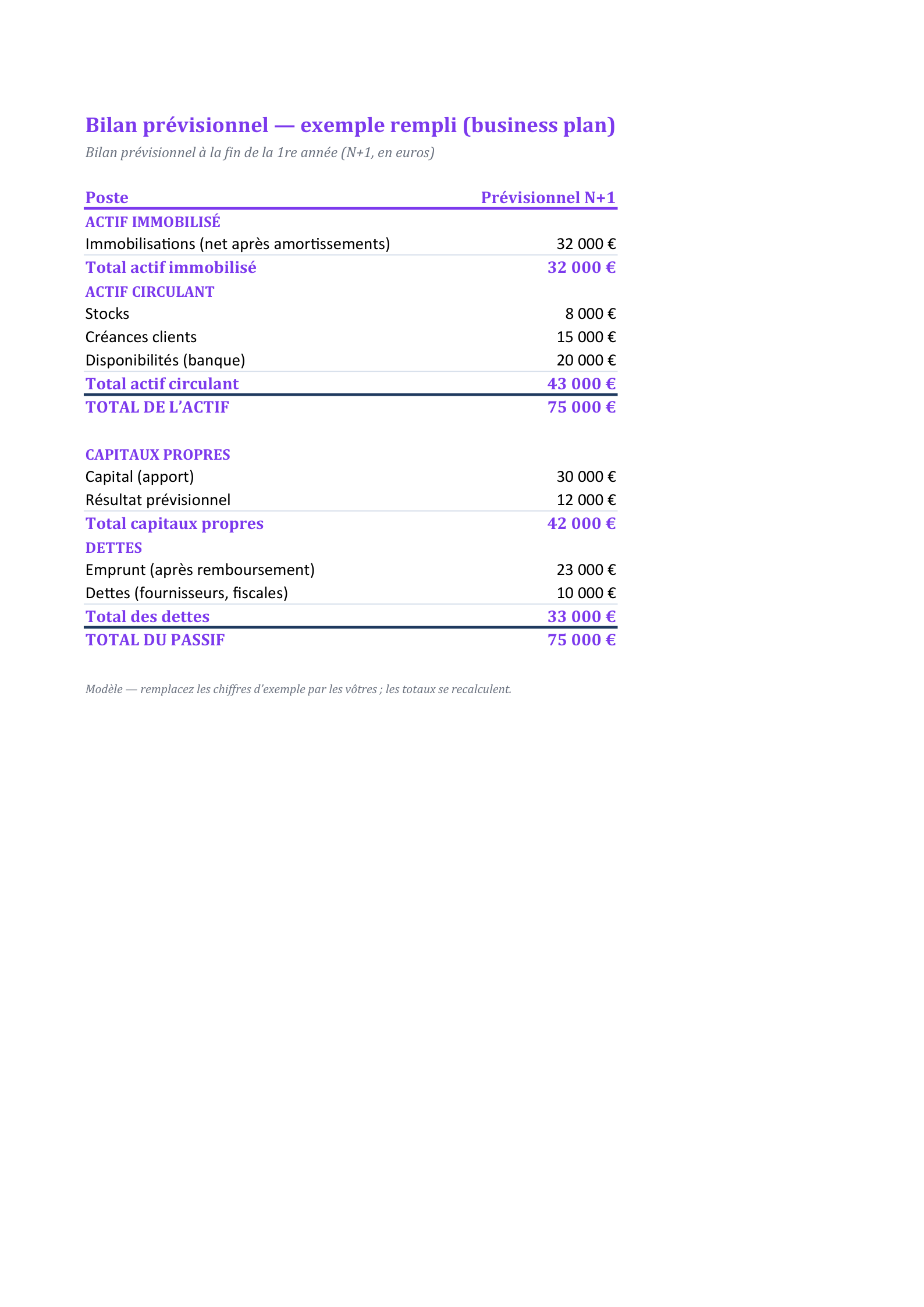 Aperçu — Bilan prévisionnel rempli (business plan)
