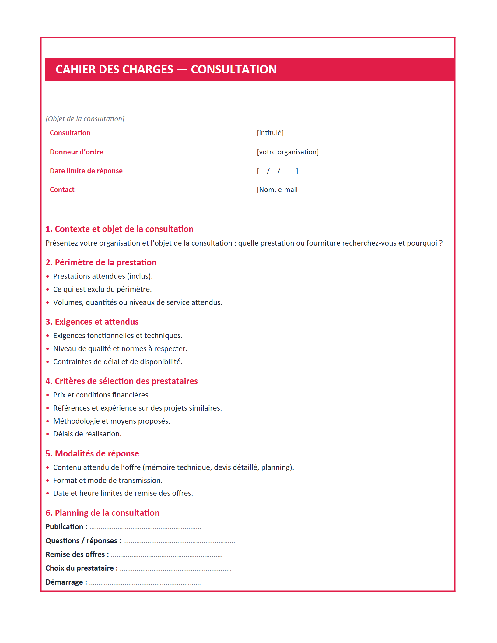 Aperçu — Cahier des charges — consultation / appel d’offres