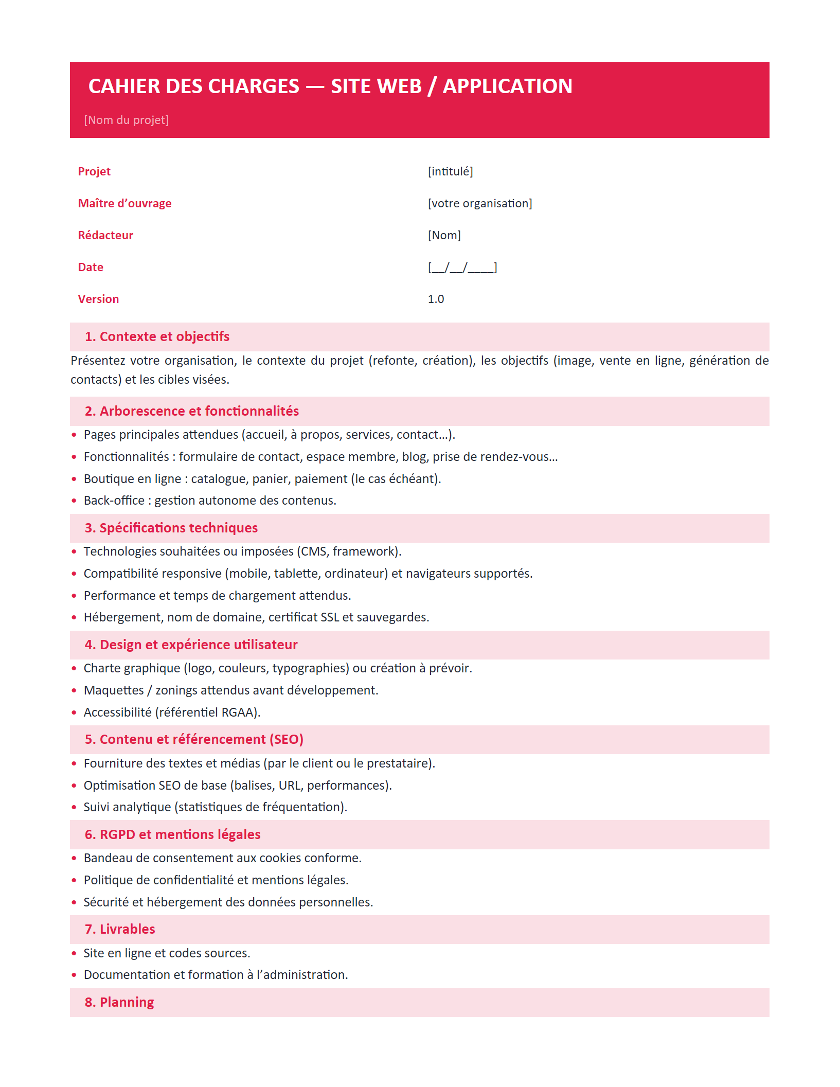 Aperçu — Cahier des charges — site web / application