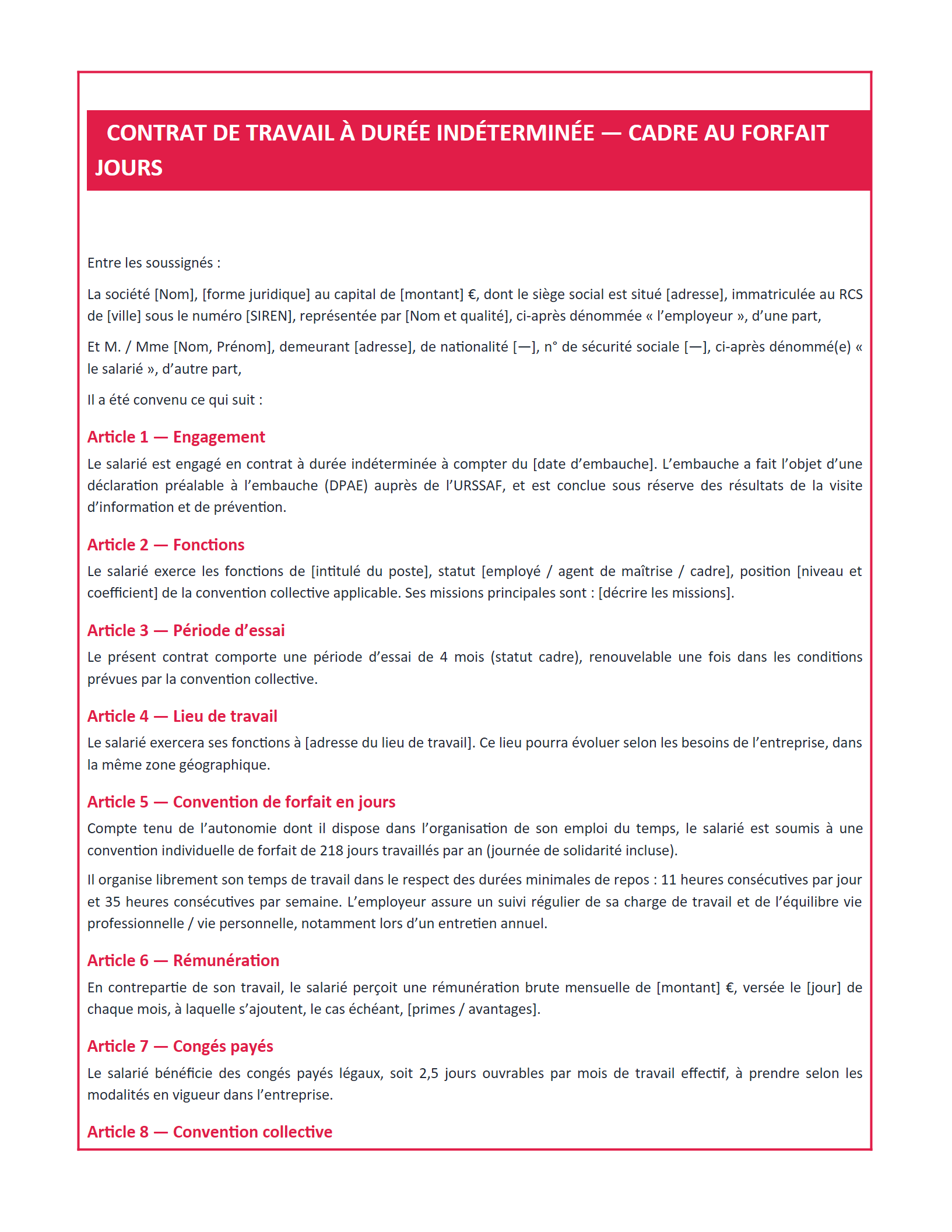 Aperçu — Contrat de travail CDI — cadre au forfait jours