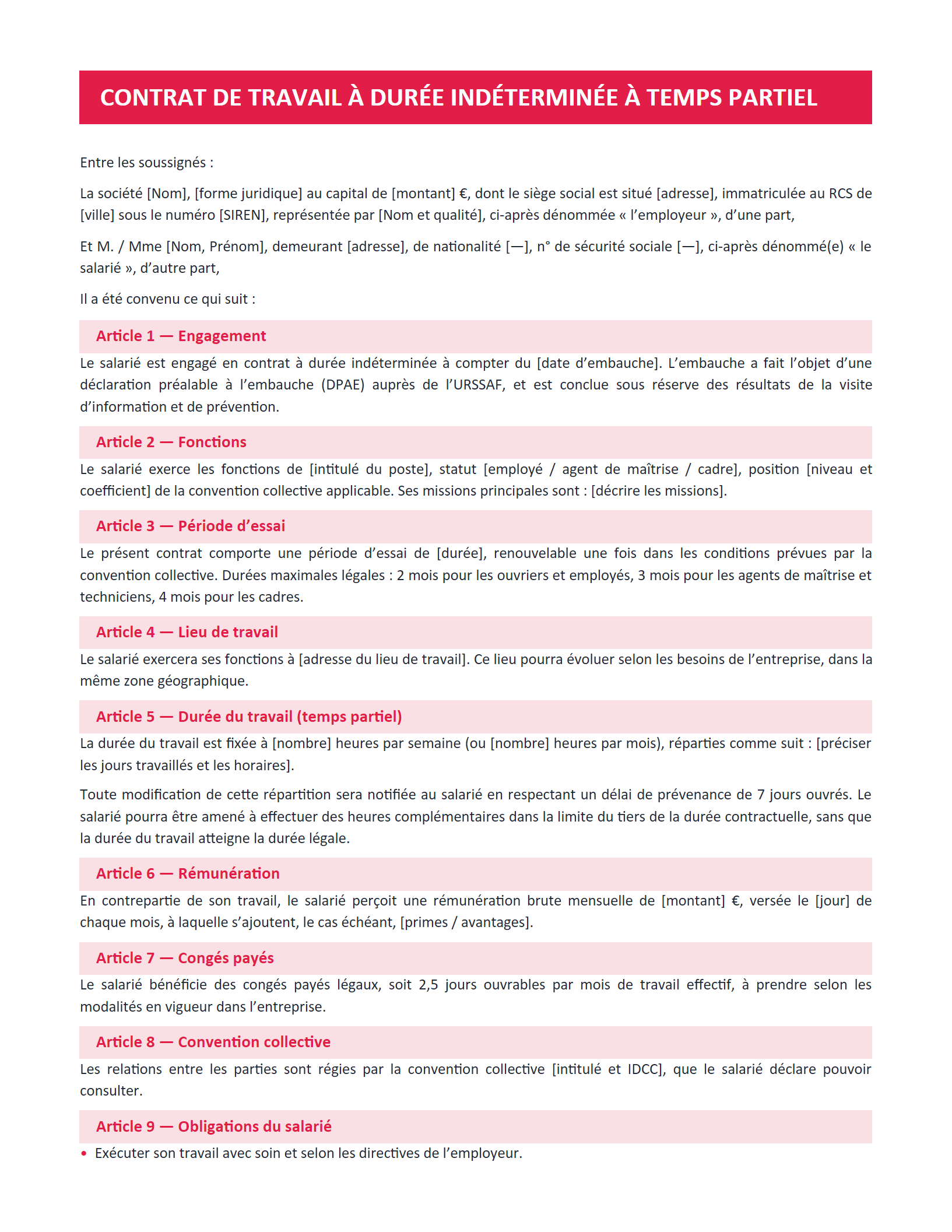 Aperçu — Contrat de travail CDI — temps partiel