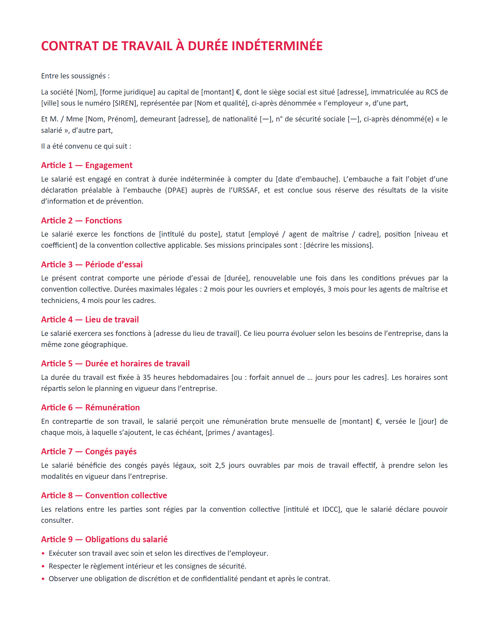 Aperçu — Contrat de travail CDI — temps plein