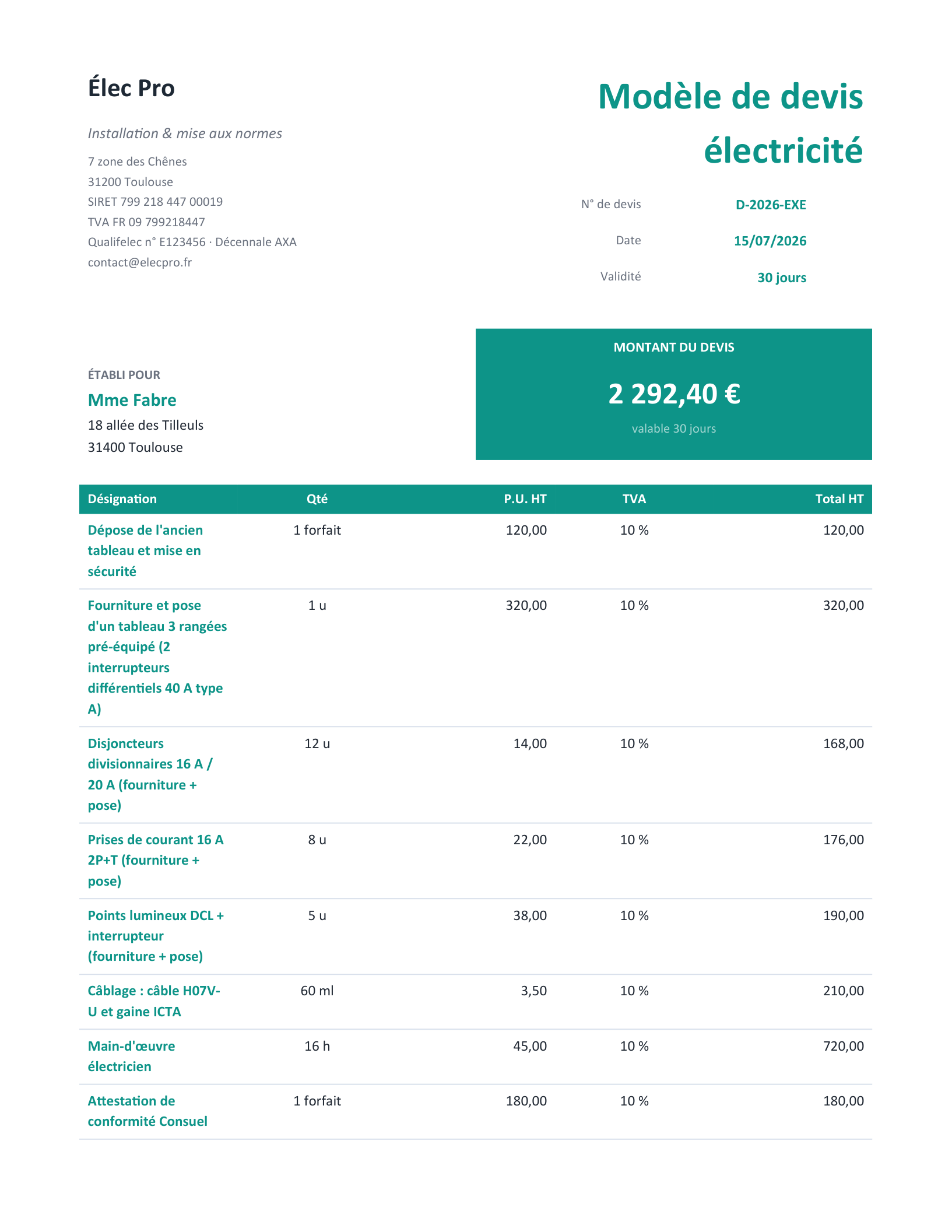 Aperçu — Devis électricité rempli (exemple)