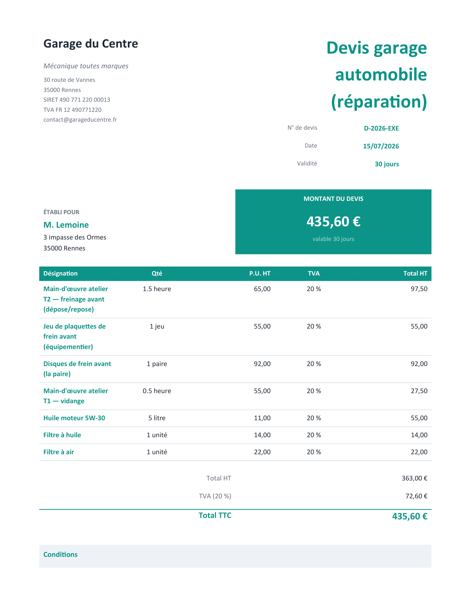Aperçu — Devis garage auto rempli (exemple)