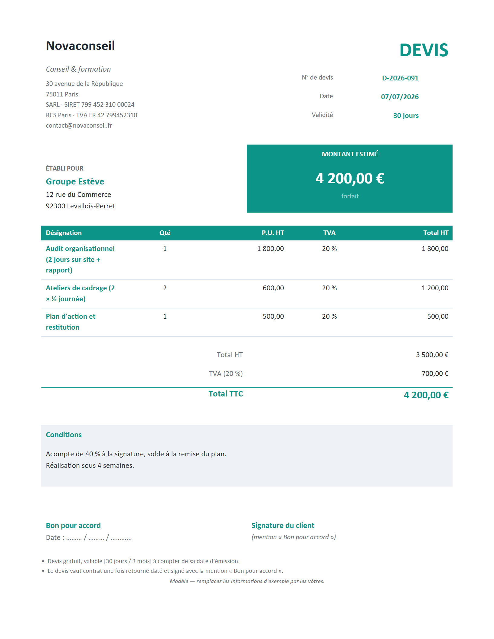 Aperçu — Devis prestation — au forfait