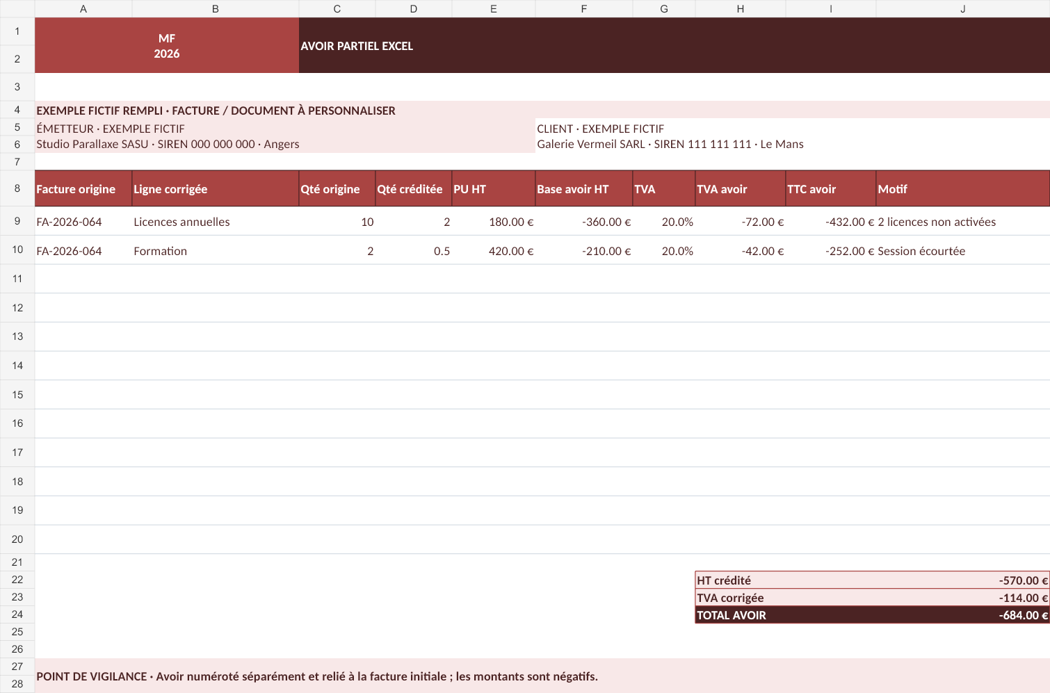 Aperçu — Avoir partiel Excel