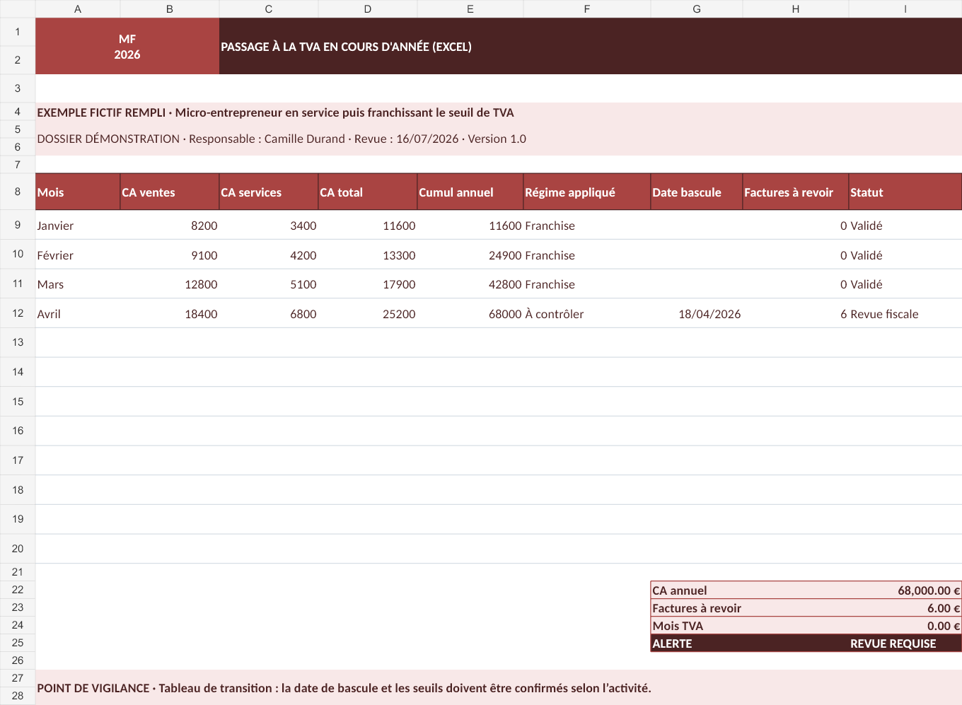 Aperçu — Passage à la TVA en cours d'année (Excel)